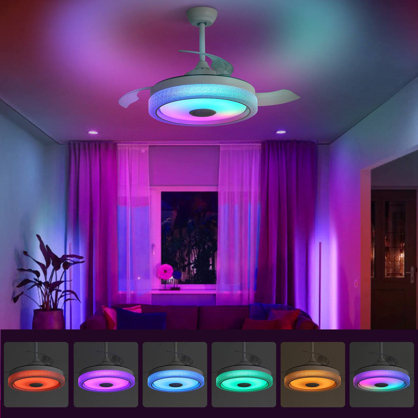 Left. Sofucor - 42'' RGB LED Ceiling Fan with Light and Remote Retractable Ceiling Fan Dimmable Adjustable Wind Speed with Music Speaker - White.