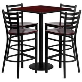 Emma + Oliver - 30" Square Laminate Table Set with 4 Ladder Back Metal Barstools - Mahogany Top/Mahogany Wood Seat