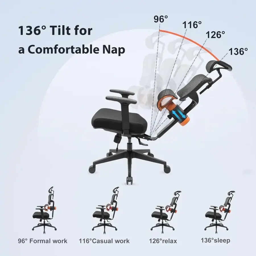 136 Tilt for a Comfortable Nap 96 116 126 136 96 Formal work 116 Casual work 126 Relax 136 Sleep