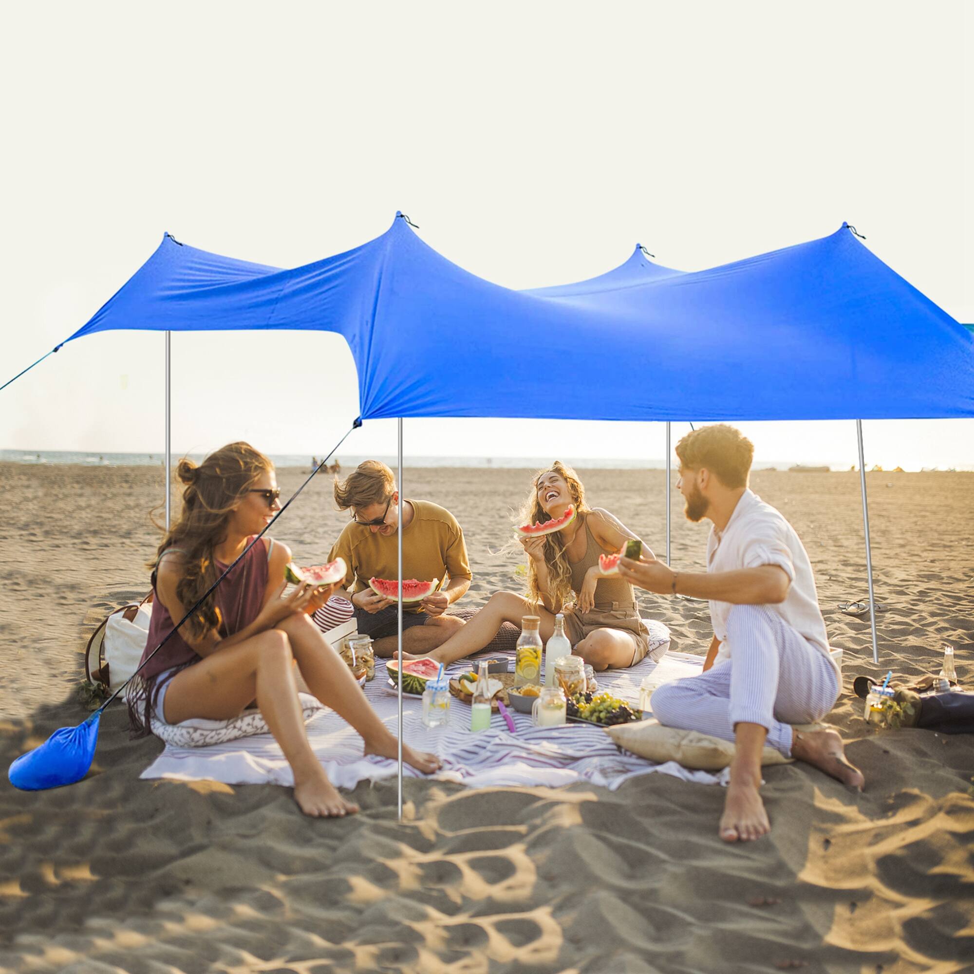 Angle. Costway - Family Beach Tent Canopy with 4 Poles Sandbag Anchors 10'x9' UPF50+ - Blue.