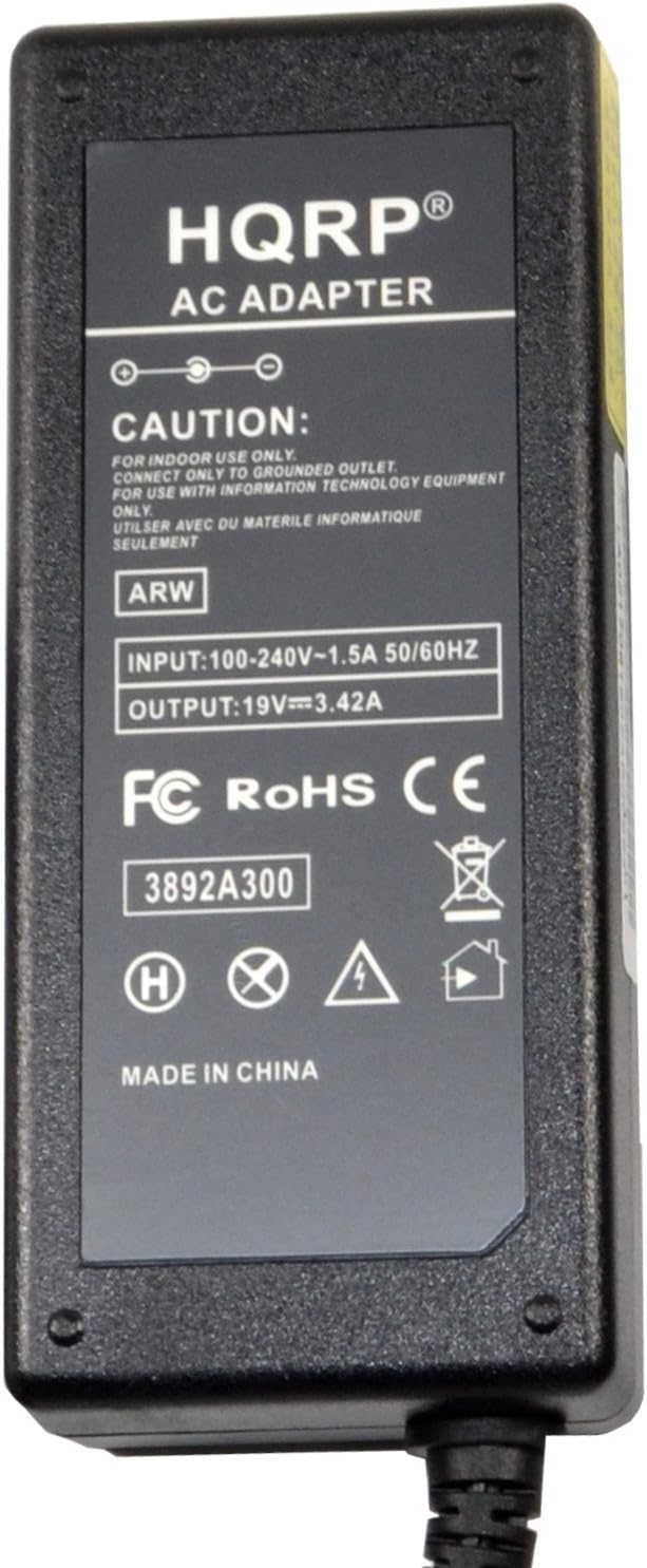HQRP AC ADAPTER  
CAUTION: FOR INDOOR USE ONLY. CONNECT ONLY TO GROUNDED OUTLET. FOR USE WITH INFORMATION TECHNOLOGY EQUIPMENT ONLY. UTILISER AVEC DU MATERIEL INFORMATIQUE SEULEMENT.  
INPUT: 100-240V~1.5A 50/60HZ  
OUTPUT: 19V==3.42A  
FC RoHS CE  
3892A300  
MADE IN CHINA