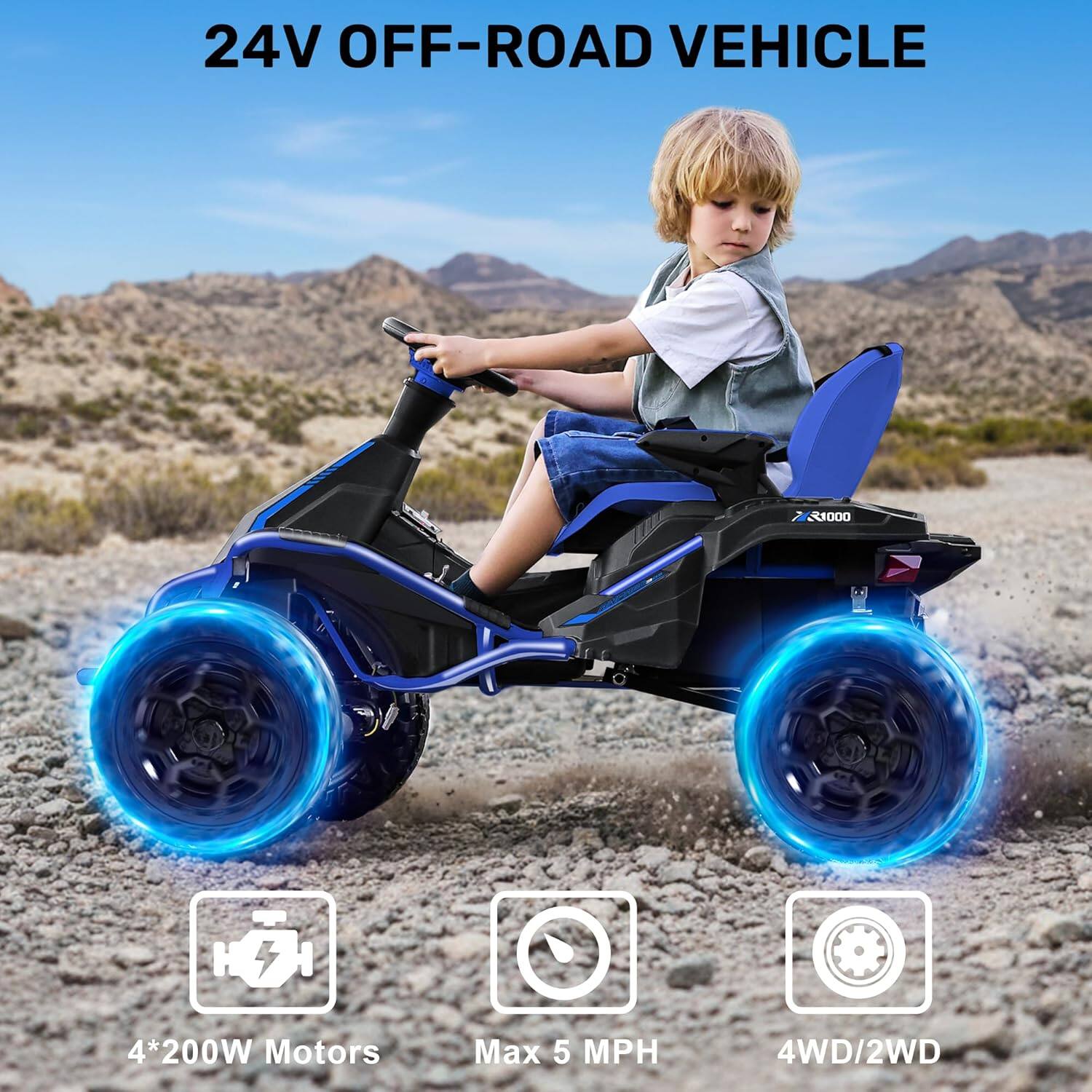 24V OFF-ROAD VEHICLE  
R1000  
4*200W Motors  
Max 5 MPH  
4WD/2WD