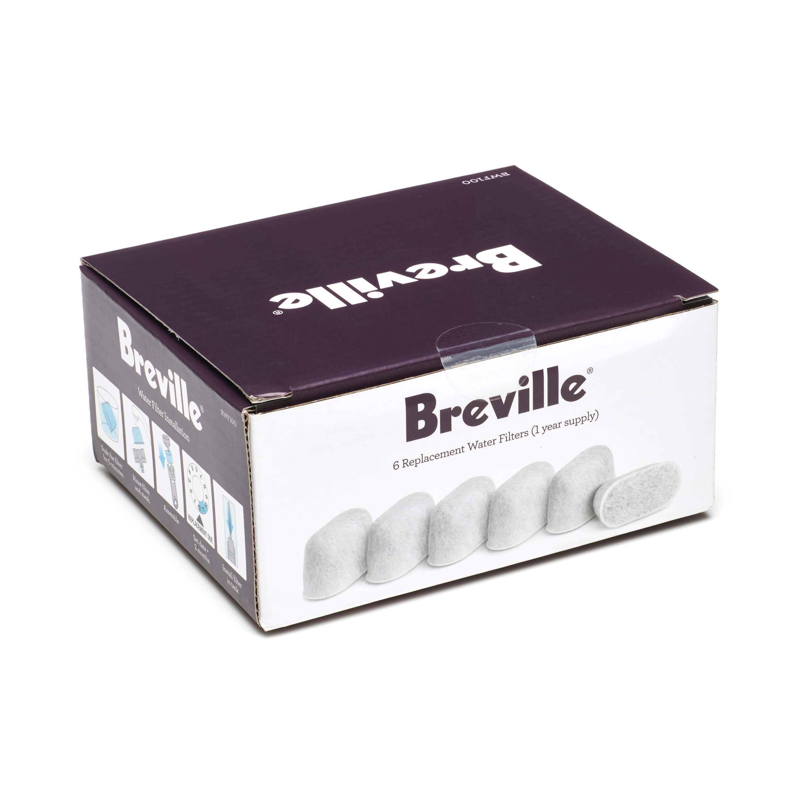 Breville is a brand of water filters that come in a box containing six replacement filters. The box is black and white, and the filters are white. The brand claims that these filters can provide a year's supply of clean, filtered water.