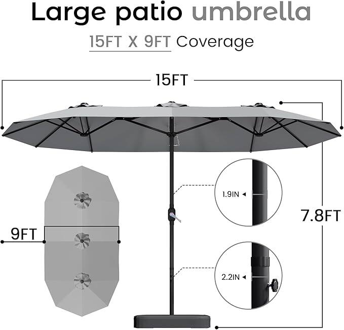 Large patio umbrella  
15FT X 9FT Coverage  
15FT  
9FT  
7.8FT  
1.9IN  
2.2IN