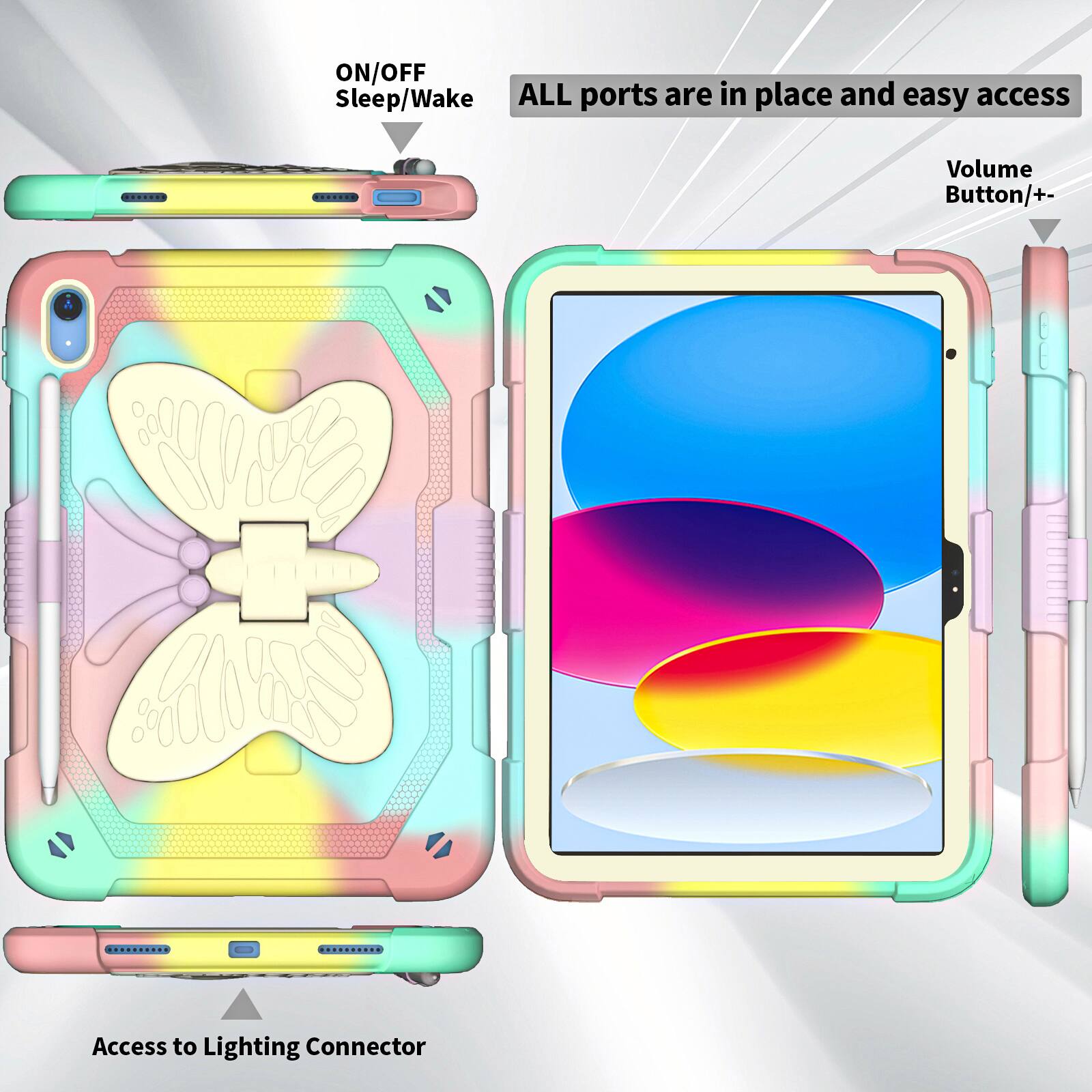 ON/OFF Sleep/Wake  
ALL ports are in place and easy access  
Volume Button/+-  
Access to Lighting Connector
