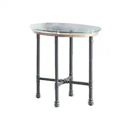 Manhattan Lane - End Table with Round Glass Top and Metal Pipe Style Legs - Gray