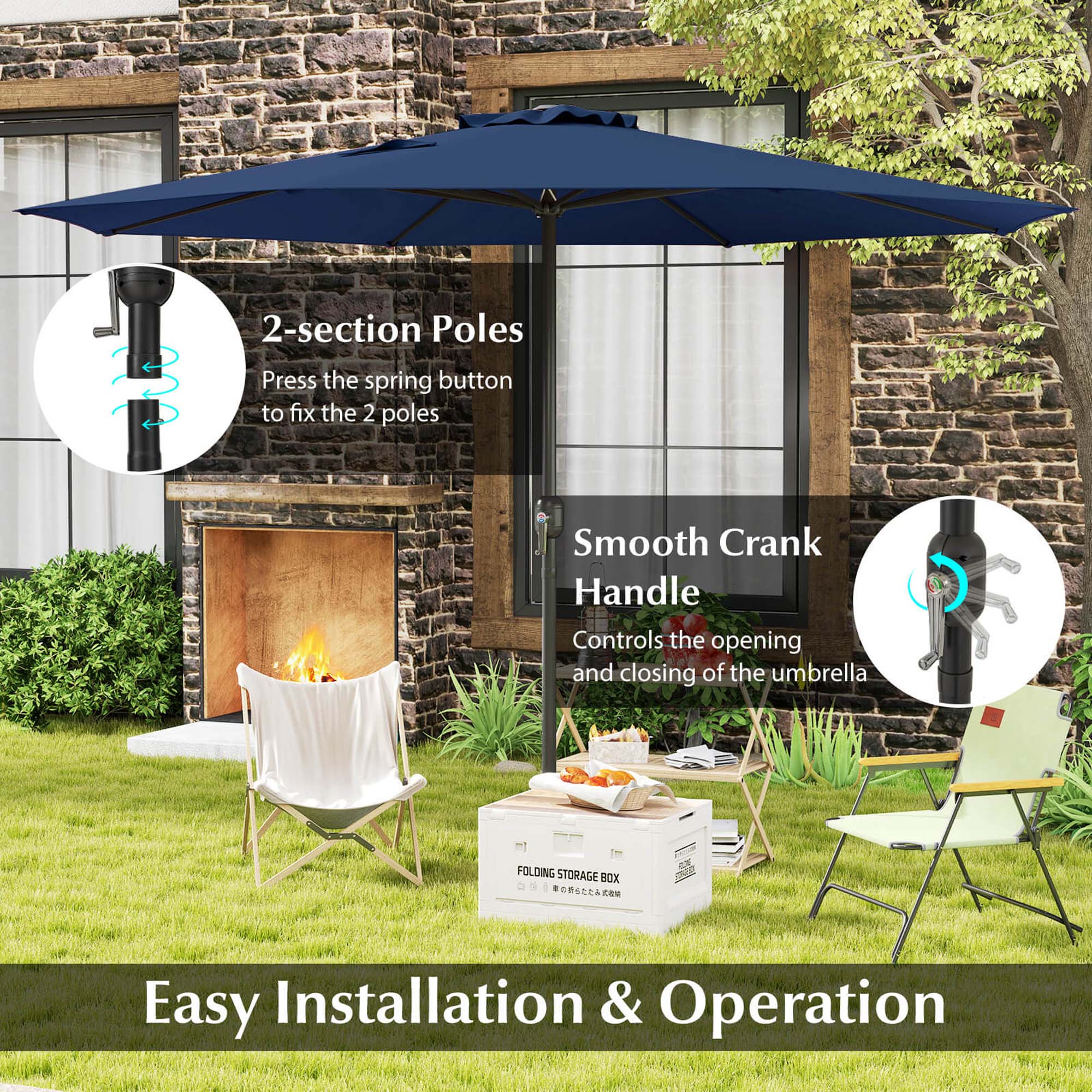 The image features a patio set with a table and chairs under a large umbrella. The umbrella has a smooth crank handle for easy operation and is accompanied by a folding storage box. The umbrella is supported by 2-section poles that can be easily installed and operated. The patio set is set up in a backyard, providing a comfortable outdoor space for relaxation and entertainment.