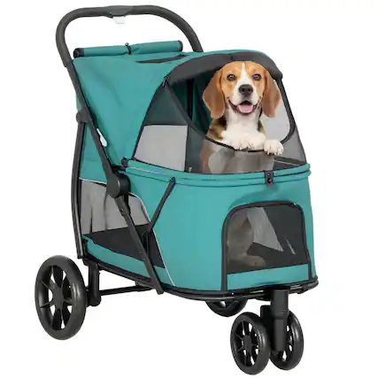 Front. Pawhut - Wheel Pet Stroller with Easy One-Click Quick Fold, Mesh Window, Washable Cushion, for Medium Dogs - Dark Green.