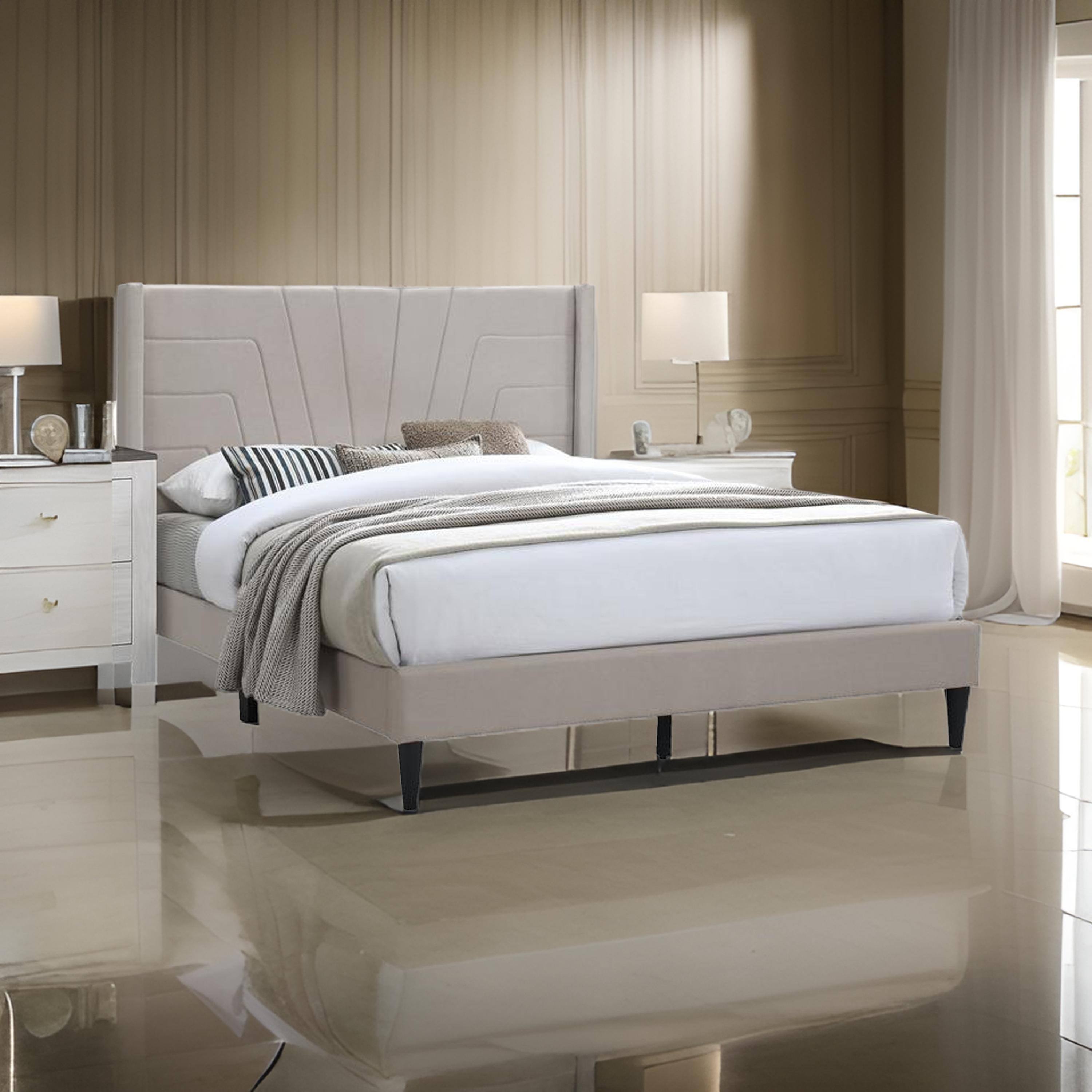 Alt View 5. Manhattan Lane - Kopa Queen Size Bed with Tufted Headboard, Brown Burlap Upholstery - Brown, Black.