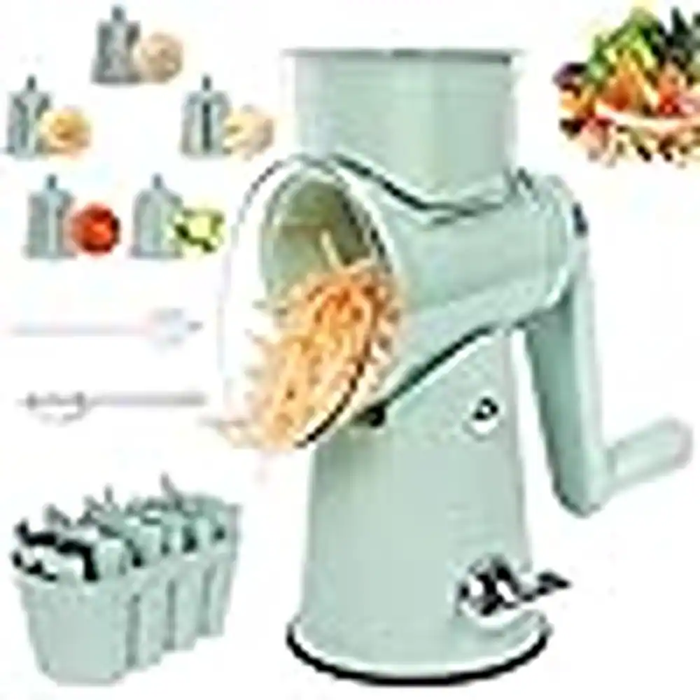 PARKER SLATER - Rotary Cheese Grater 5-in-1, Multifunction Vegetable Chopper Cutter Slicer, Round Mandoline Drum Shredder with Handle, E - Green