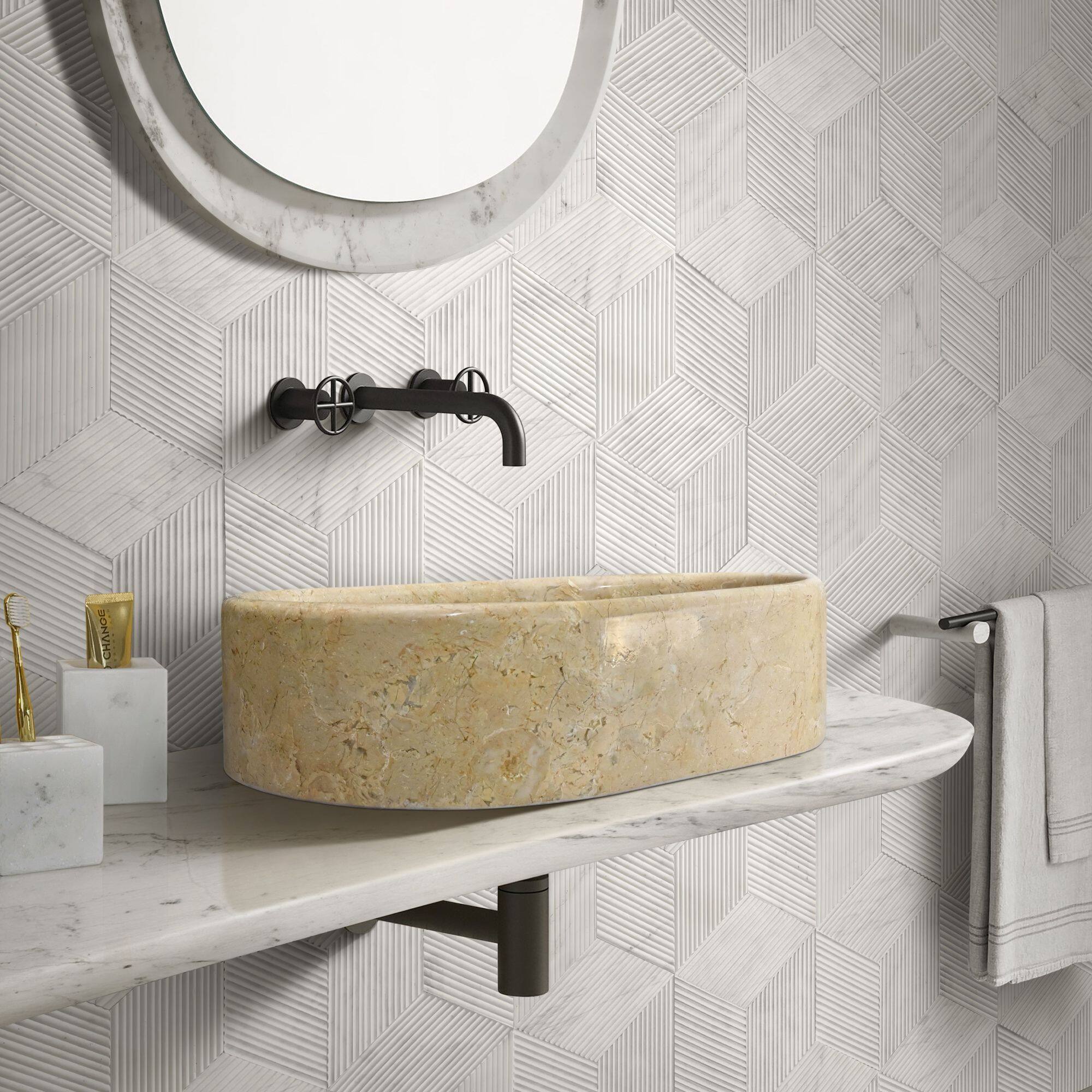 Left. ELEMENT ACE - Luxury Polished Natural Marble Bathroom Vessel Sink with Elegant Golden Veins and Spacious Oval Basin - Beige+Gold.