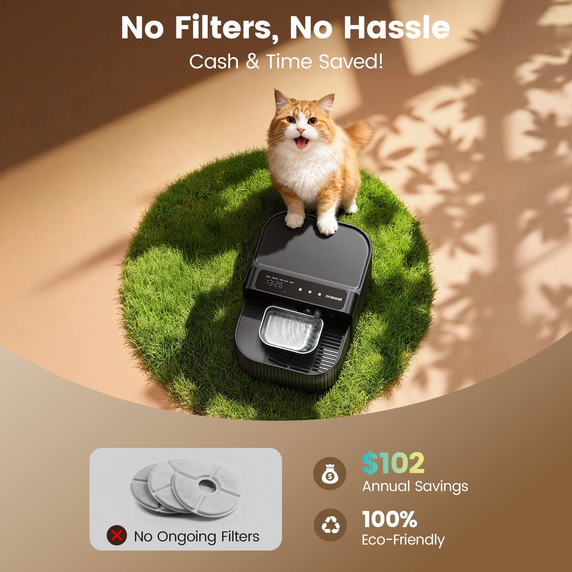 No Filters, No Hassle  
Cash & Time Saved!  

No Ongoing Filters  
$102 Annual Savings  
100% Eco-Friendly