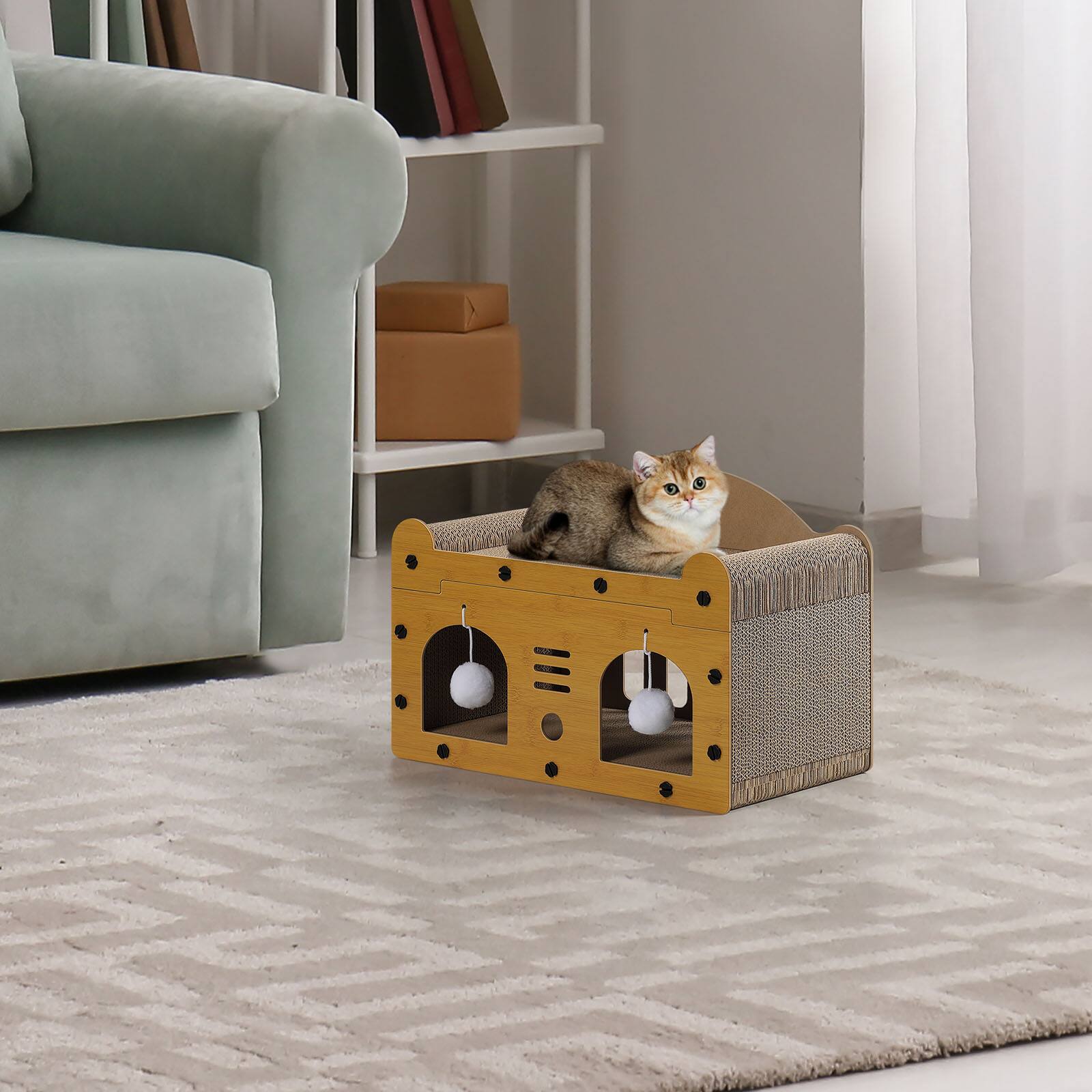Alt View 2. Oumilen - Cat House with Scratcher | 2-in-1 Cat Bed Cave with Ball Toys, Cardboard Cat Scratcher House for Indoor Cats.
