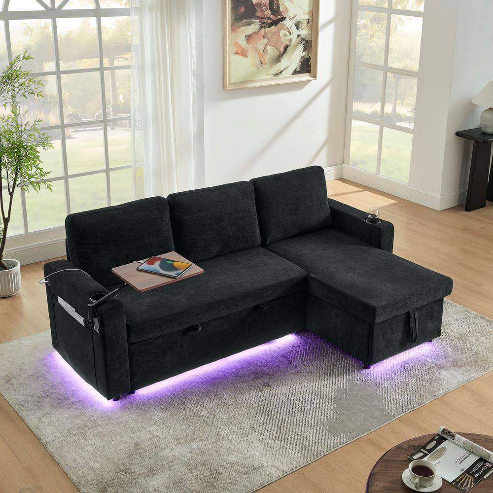 Alt View 7. Kadyn - Pull-Out Sleeper Sofa with Retractable Table, Features LED Lights, USB Ports, and Cup Holders, Black - Black.