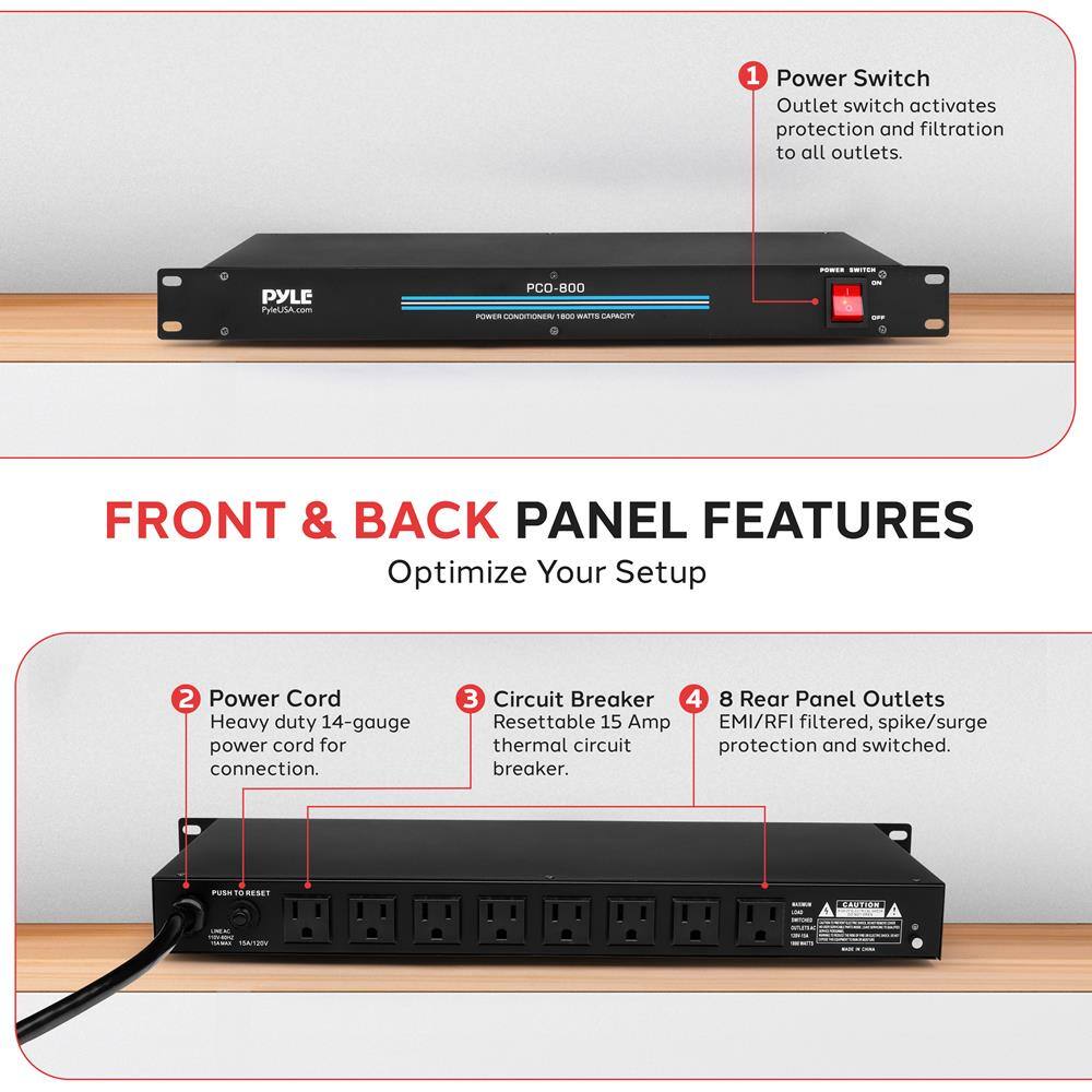 1. Power Switch: Outlet switch activates protection and filtration to all outlets.

2. Power Cord: Heavy duty 14-gauge power cord for connection.

3. Circuit Breaker: Resettable 15 Amp EMI/RFI filtered, spike/surge thermal circuit breaker.

4. 8 Rear Panel Outlets: EMI/RFI filtered, spike/surge protection and switched.