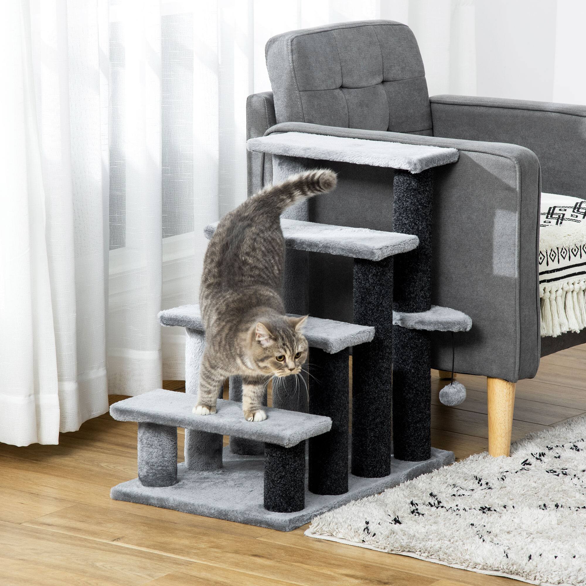 Alt View 1. Pawhut - Tree, Cat Tower Cat Stair Steps with Scratching Post, Hanging Play Ball for High Bed, Sofa - Light Grey.
