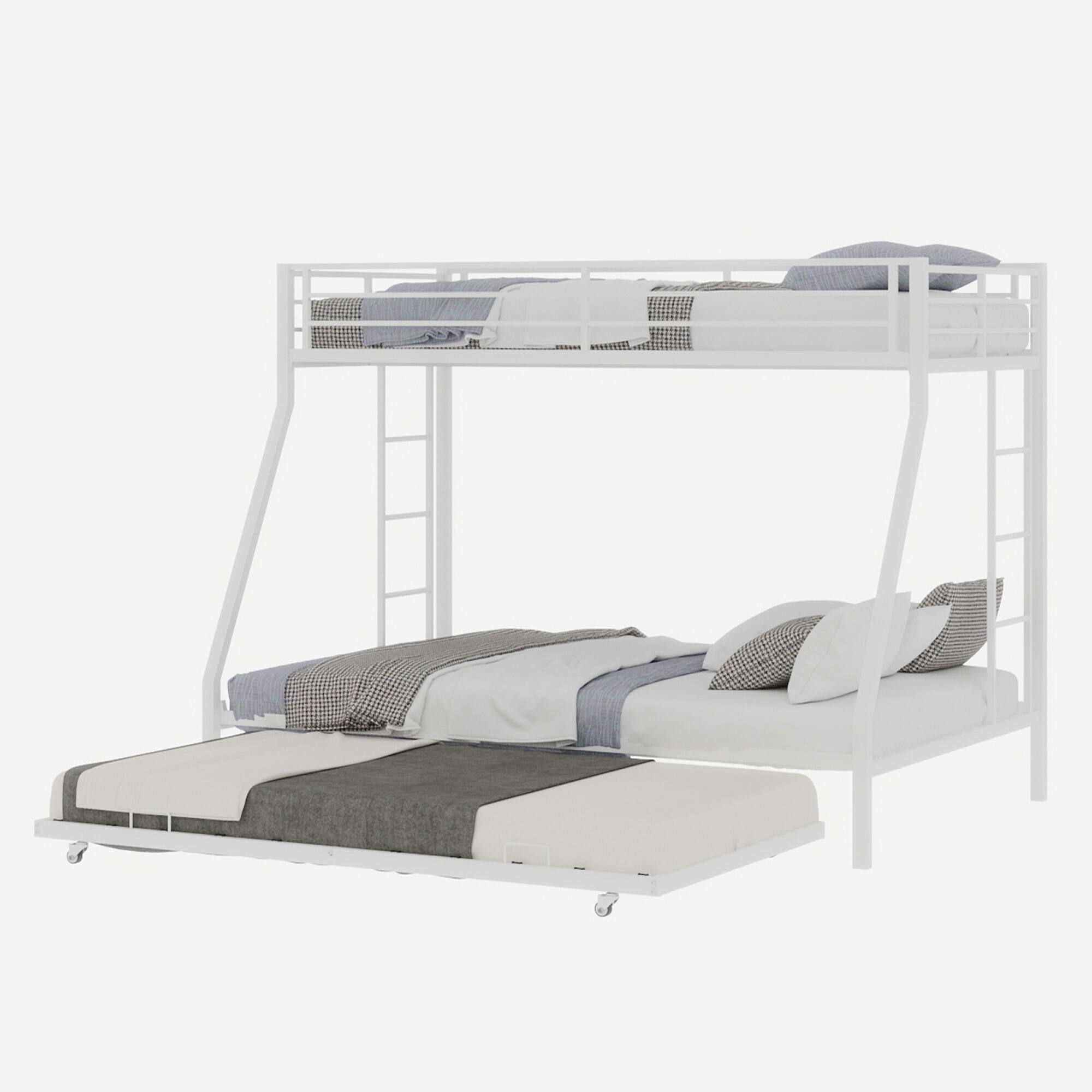 Alt View 1. GOODSILO - Space-Saving Triple Sleeper Bunk Bed with Pull-Out Trundle, Sturdy Metal Frame, Queen Size - White.