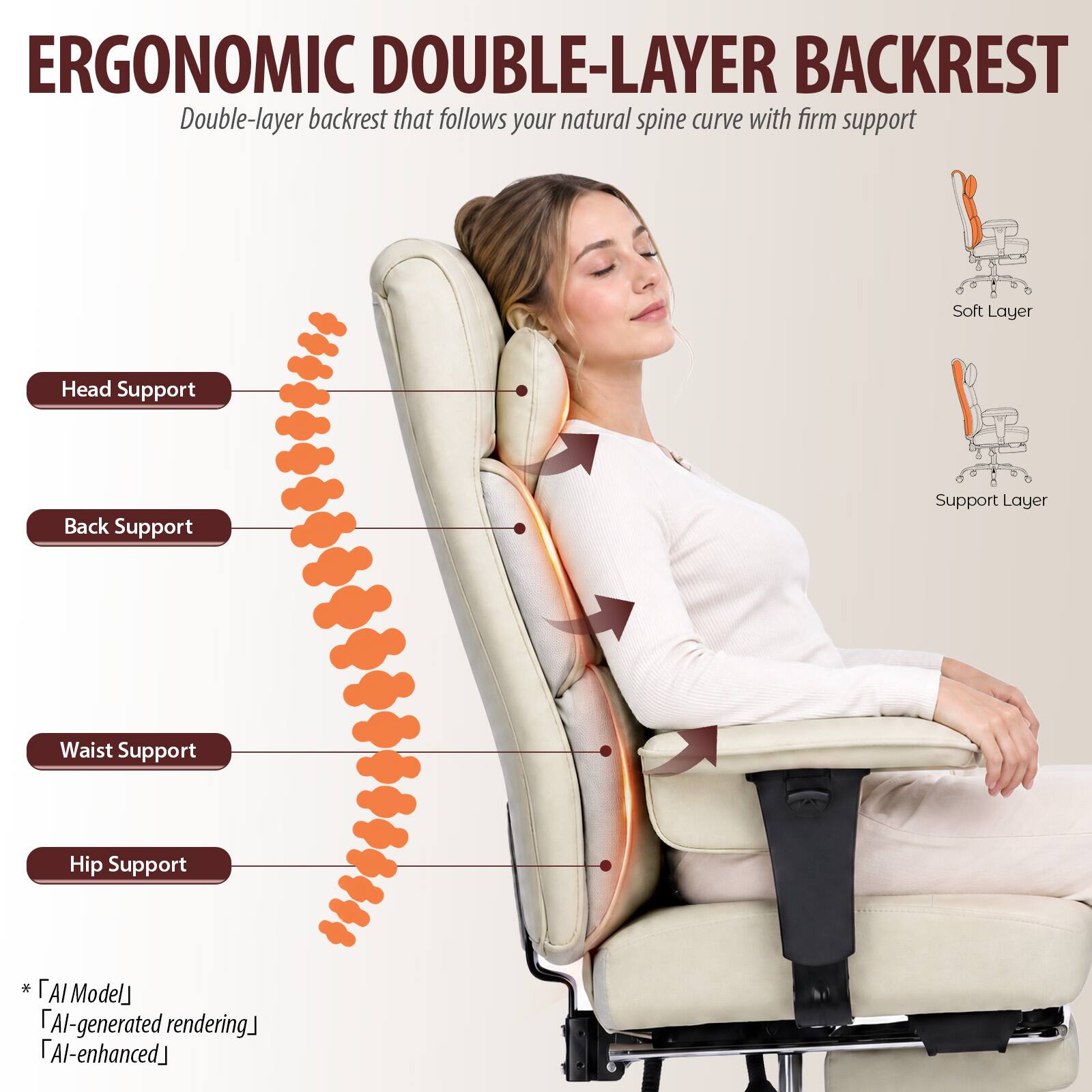 ERGONOMIC DOUBLE-LAYER BACKREST  
Double-layer backrest that follows your natural spine curve with firm support

- Head Support
- Back Support
- Waist Support
- Hip Support

Soft Layer  
Support Layer

* AI Model  
AI-generated rendering  
AI-enhanced