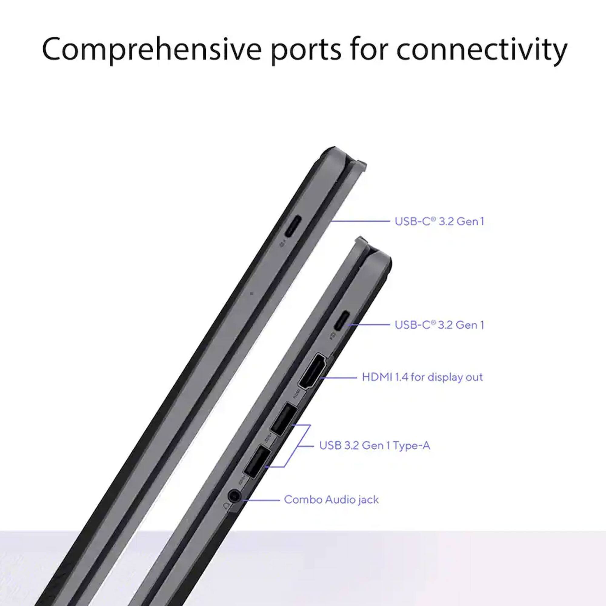 Comprehensive ports for connectivity  
- USB-C 3.2 Gen 1  
- USB-C 3.2 Gen 1  
- HDMI 1.4 for display out  
- USB 3.2 Gen 1 Type-A  
- Combo Audio jack