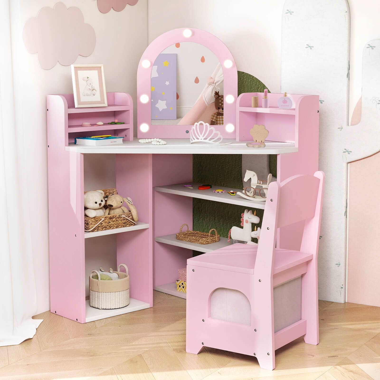 Alt View 1. Costway - Costway Corner Kids Vanity with Lights, 3 Storage Shelves, 5 Open Compartments, Accessories - Pink + White.
