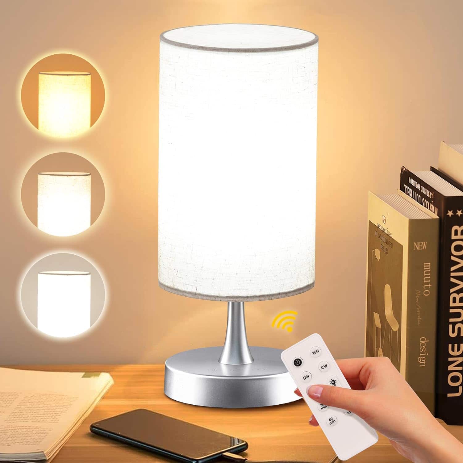 The Best Inks - White Light Lamp Smart Battery Sunlight 10000 with Remote Control Color Temperature Brightness Level - Linen Shade and Silver Base