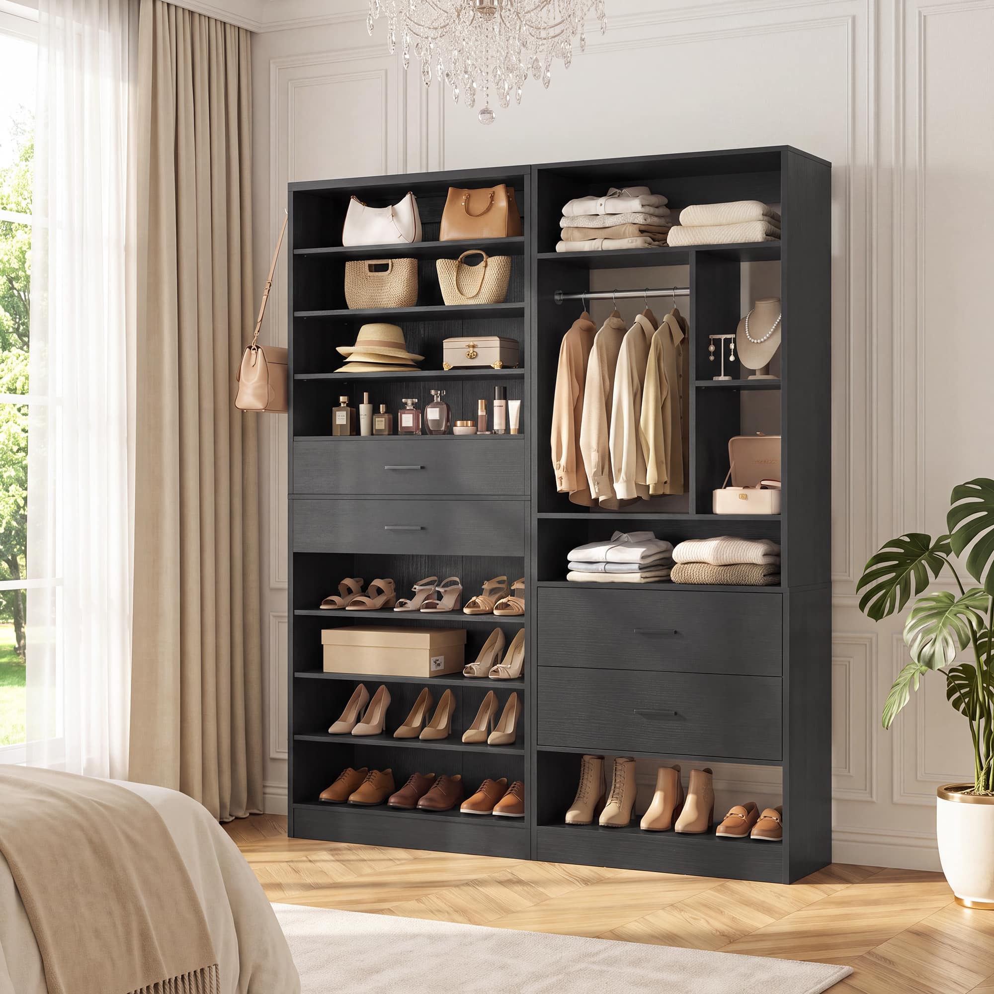 "Aheaplus - Dual-Use Organizer Set: 10-Tier Shoe Cabinet with Drawers + 24"" Closet System – Maximize Space in Any Room - Black" price history on PriceWatchPro