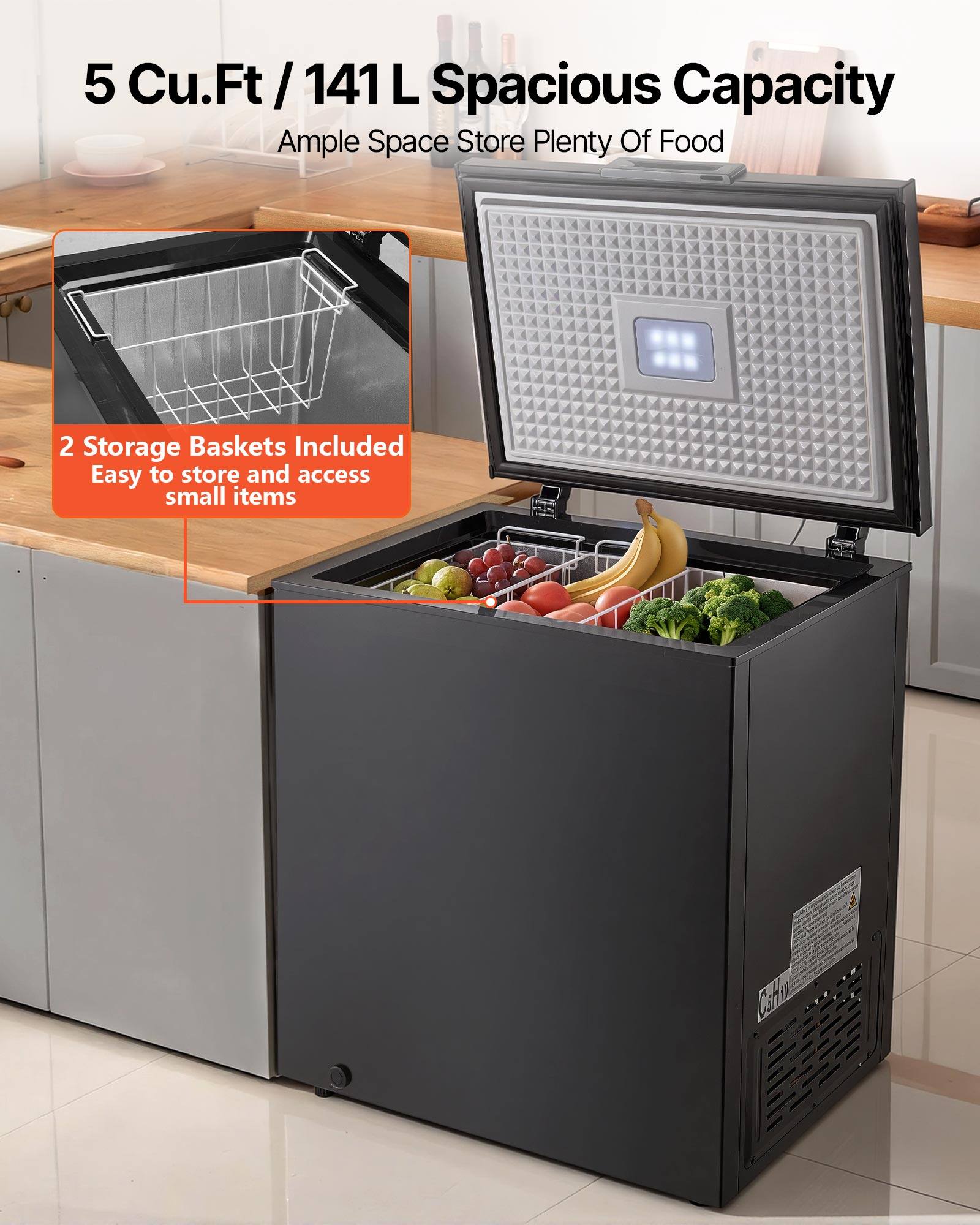 5 Cu.Ft / 141 L Spacious Capacity  
Ample Space Store Plenty Of Food  

2 Storage Baskets Included  
Easy to store and access small items