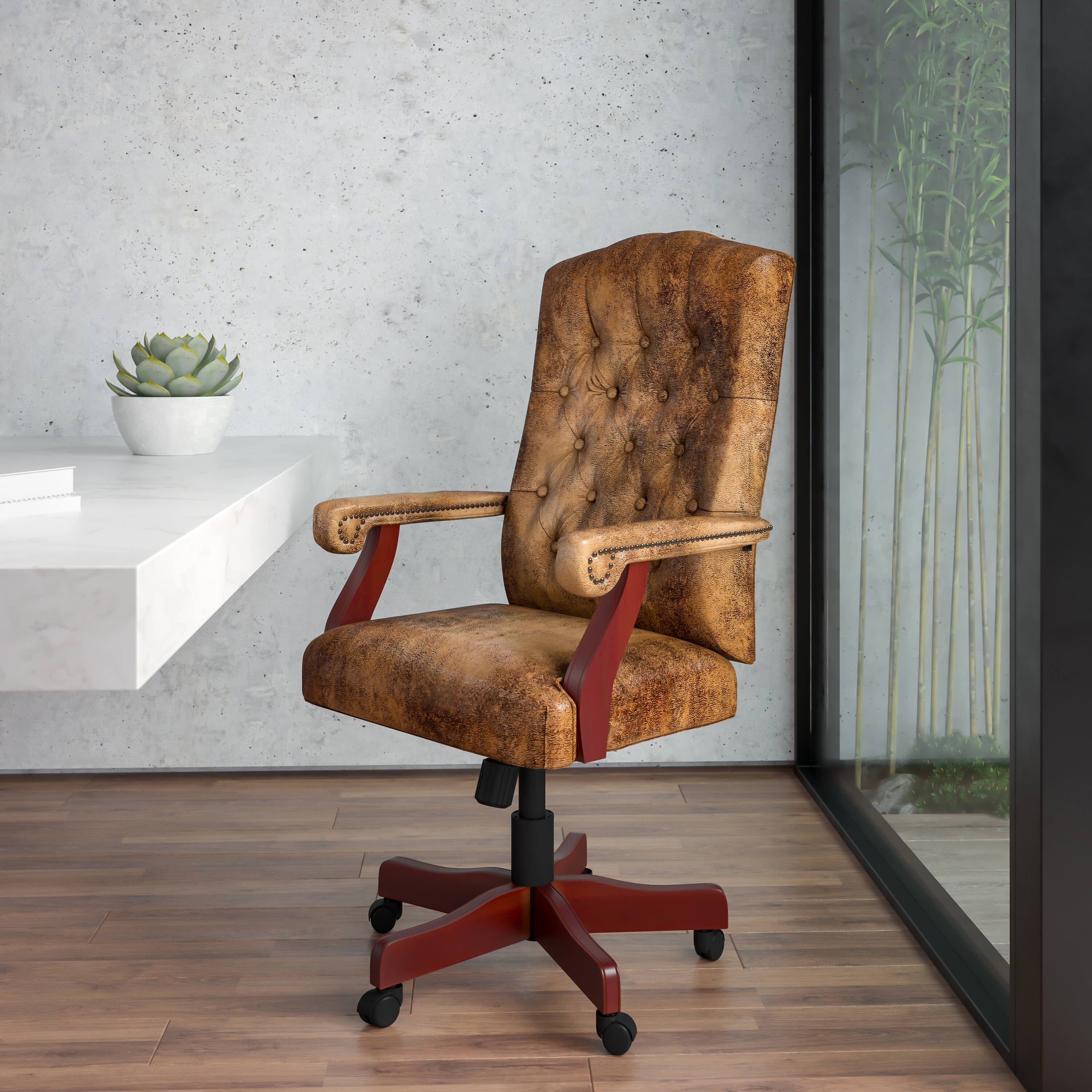 Alt View 1. Emma + Oliver - Martha Washington Executive Swivel Office Chair with Arms - Bomber Brown Microfiber/Mahogany Frame.
