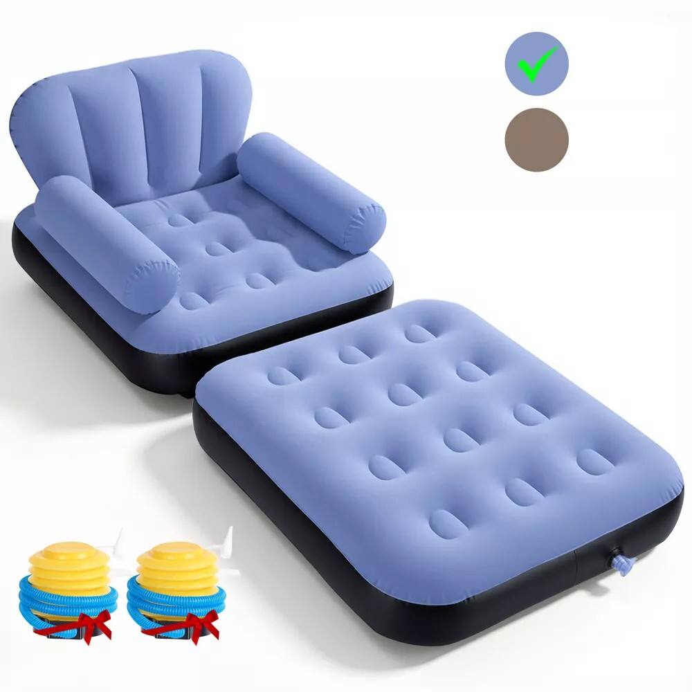 Front. Sugift - Inflatable Sofa Bed with 2 Hand Pumps 78 x 27.5 Inch Flocked PVC Blow Up Couch Mattress - Blue.