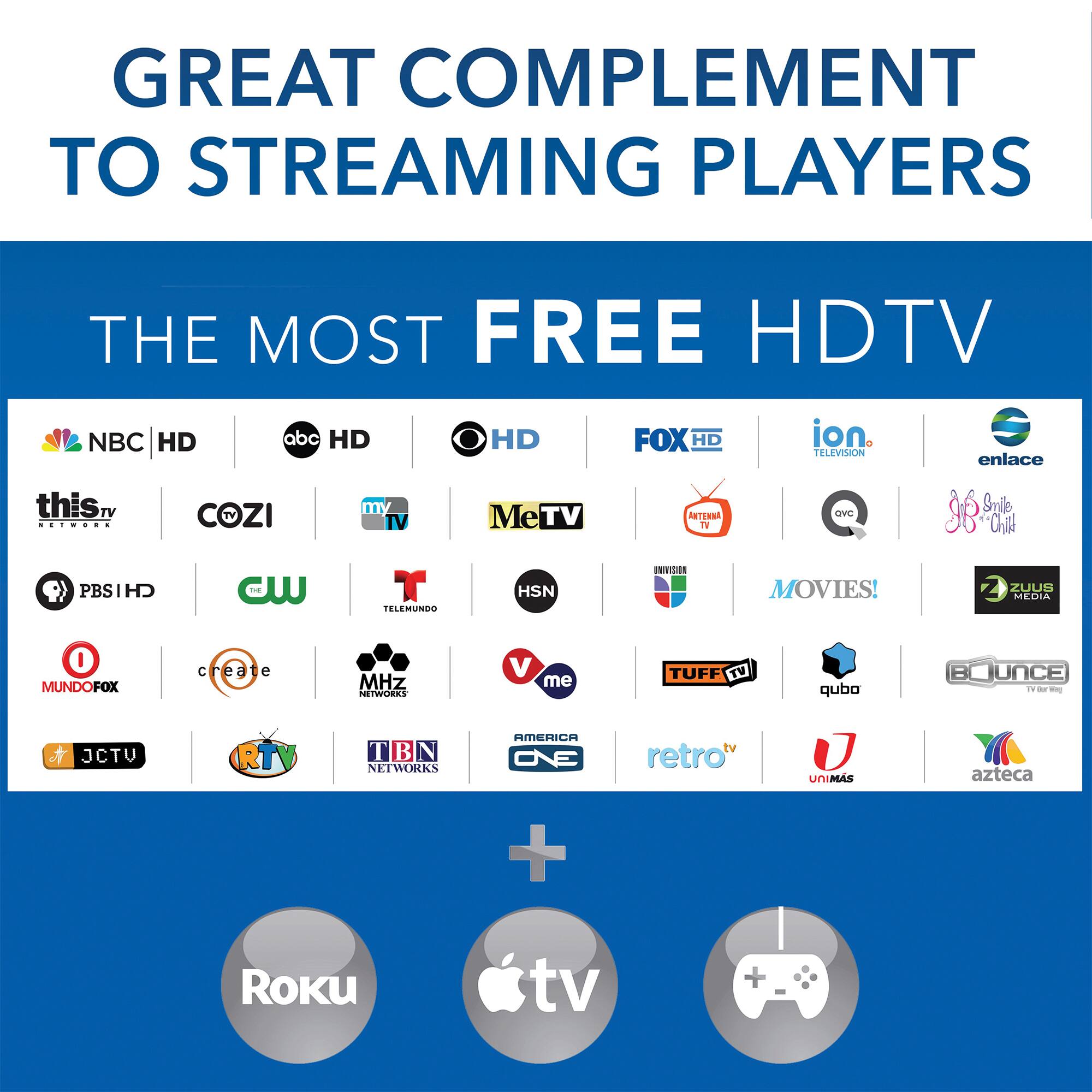 GREAT COMPLEMENT TO STREAMING PLAYERS

THE MOST FREE HDTV

NBC HD
abc HD
HD
FOX HD
ion TELEVISION
enlace
this TV NETWORK
COZI
m TV

ANTENNA TV
QVC
Smile "Child
PBS HD
CW
T TELEMUNDO
HSN
UNIVISION
MOVIES!
9 ZUUS MEDIA
0 MUNDOFOX
create
MHz NETWORKS
V me
TUFF TV
qubo
BOUNCE 
JCTV
RT
T  N NETWORKS
AMERICA 3/O
tv retro"
UNIMAS
azteca
+
ROKU
tv