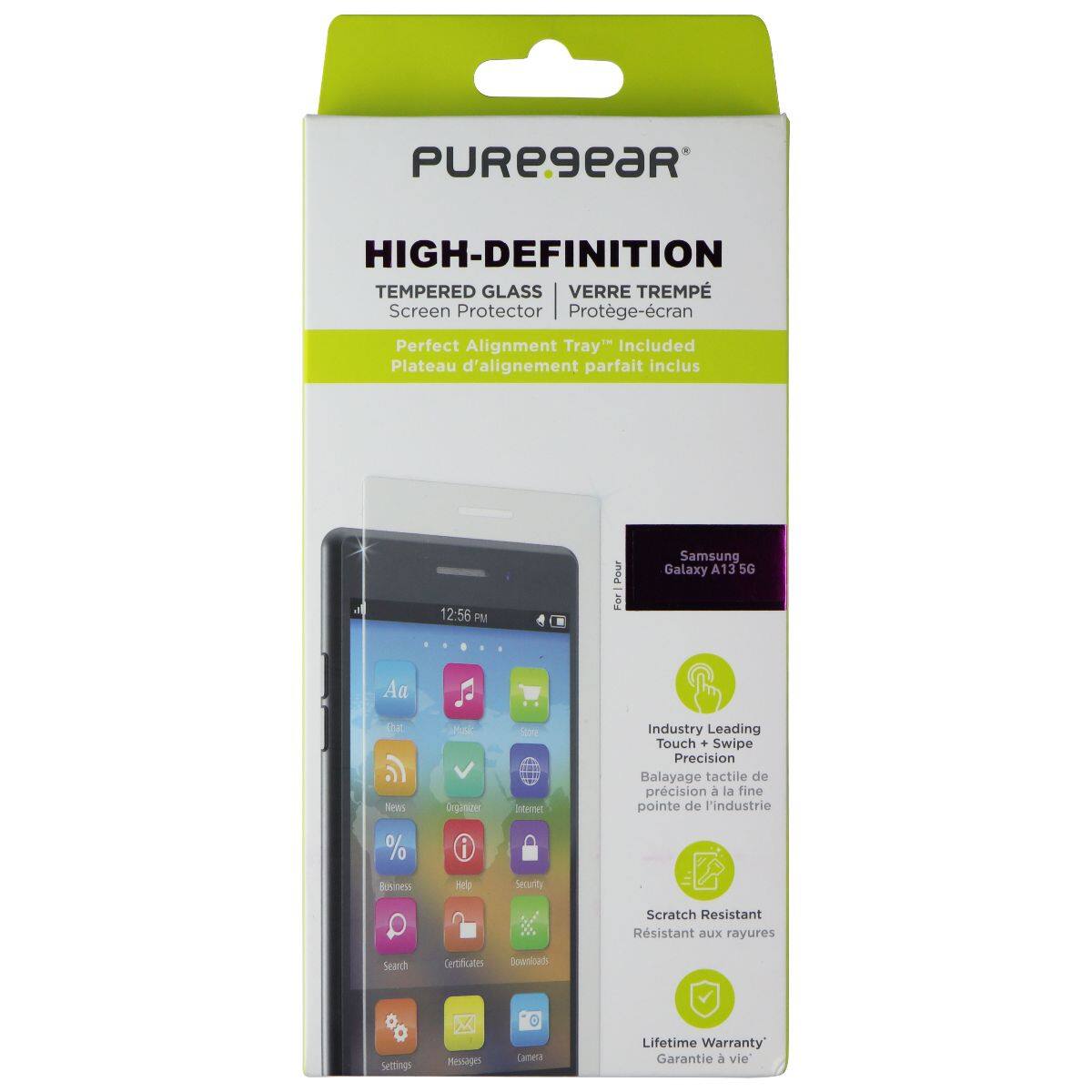 PUREGEAR HIGH-DEFINITION TEMPERED GLASS VERRE TREMPÉ Screen Protector Protège-écran Perfect Alignment Tray" Included Plateau d'alignement parfait inclus 12:56 PM Pour Samsung Galaxy A13 SG Aa ther News H Organizer Internet Industry Leading Touch + Swipe Precision Balayage tactile de précision à la fine pointe de l'industrie % Business i nel Security Scratch Resistant Résistant aux rayures Search Certificates Downloads Settings Messages Lanera Lifetime Warranty Garantie à vie