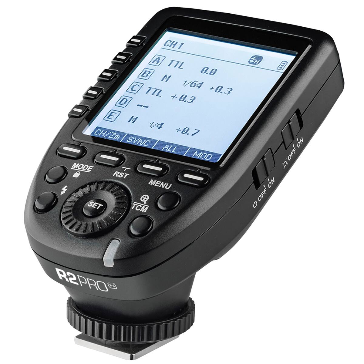 CH1 1 A TTL B 0.0 M C 1/64 +0.3 TTL D +0.3 -- E M 1/4 CH/Zm +0.7 SYNC ALL MOD MODE T a RST MENU + SET TCM FH N OFF b N OFF O R2 R2PRO