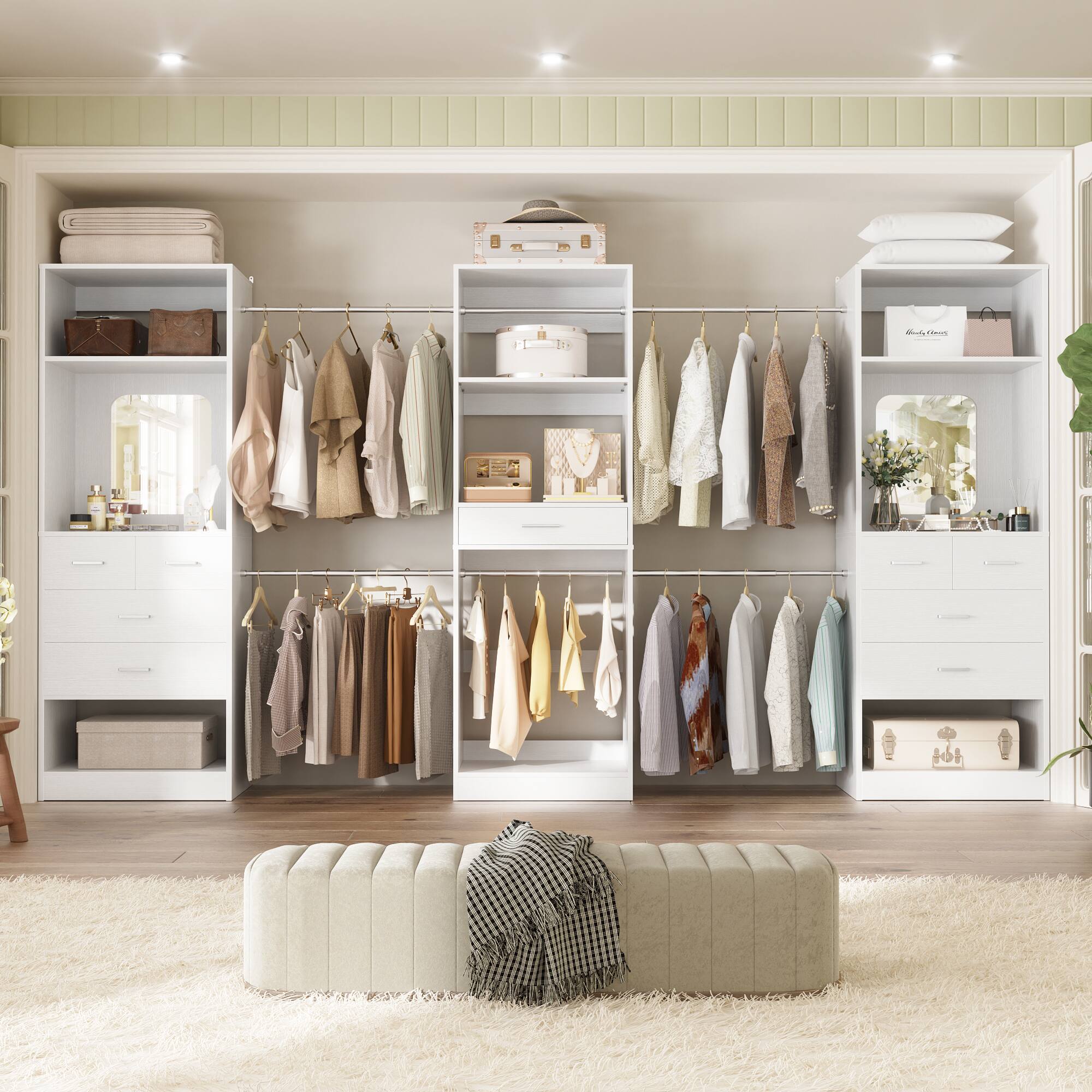 Alt View 2. Aheaplus - 6 - 18.5 ft Closet System Set of 3, with 9 Drawers, 6 Hanging Rods and Mirrors - White.