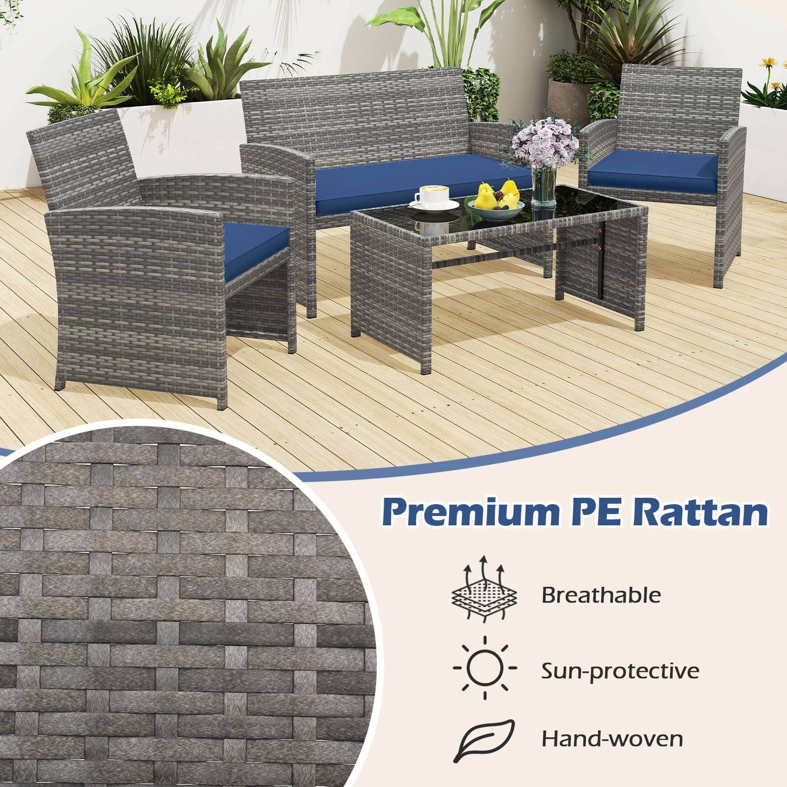 Premium PE Rattan  
Breathable  
Sun-protective  
Hand-woven