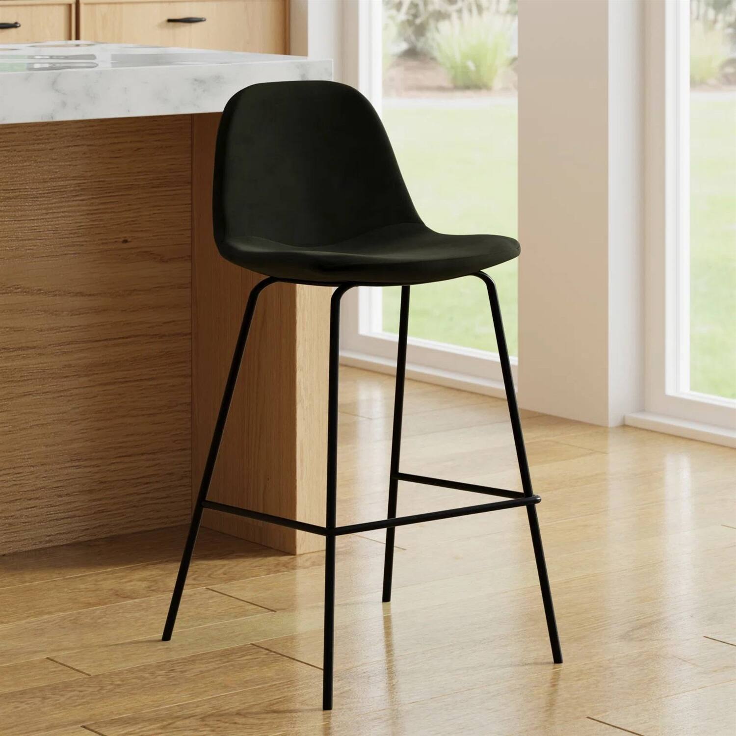 Left. SlickBlue - Set of 2 Modern Counter Height Barstools with Low Back Fabric Seats - Dark Grey.