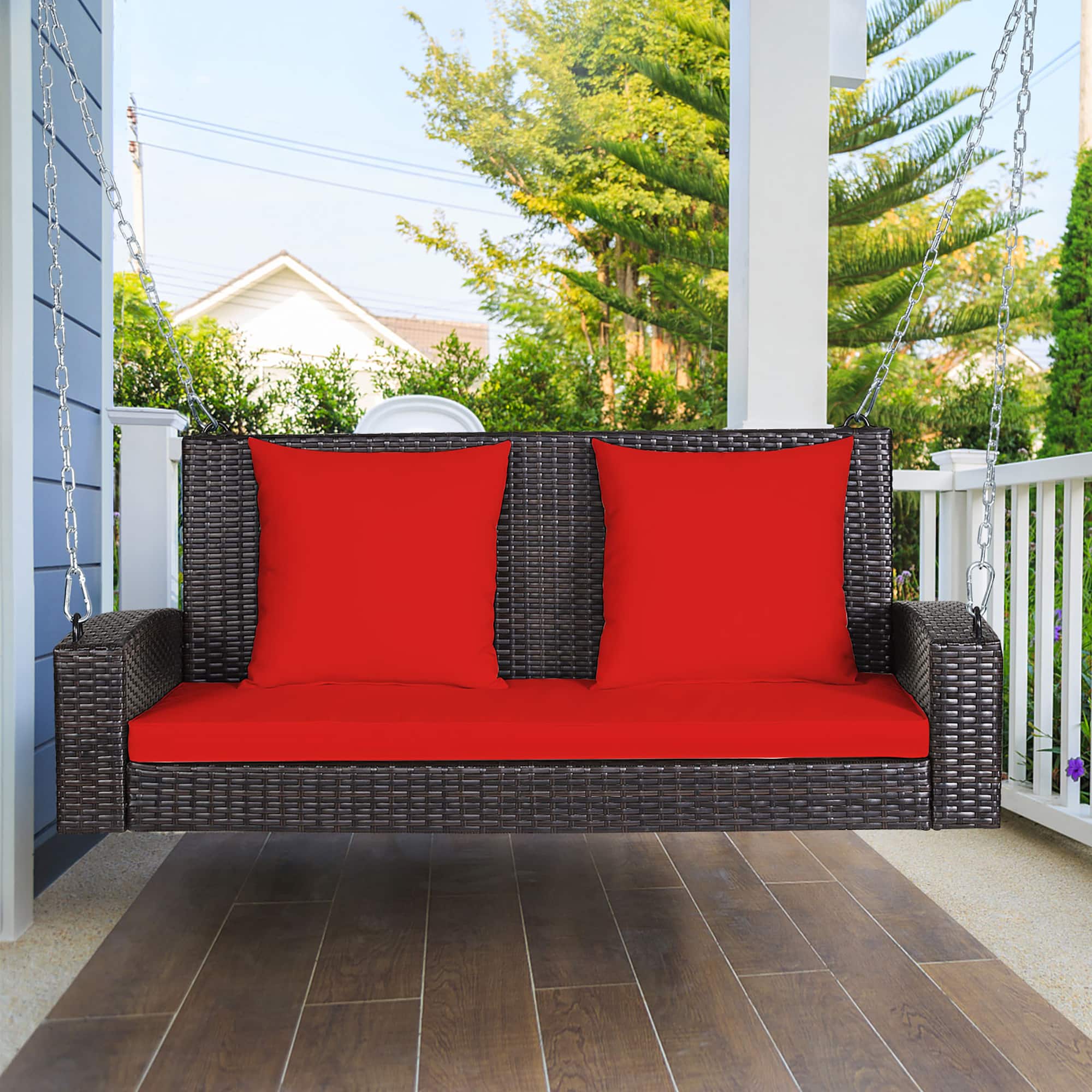 Costway - 2-Person Patio Rattan Hanging Porch Swing Bench Chair Cushion - Red