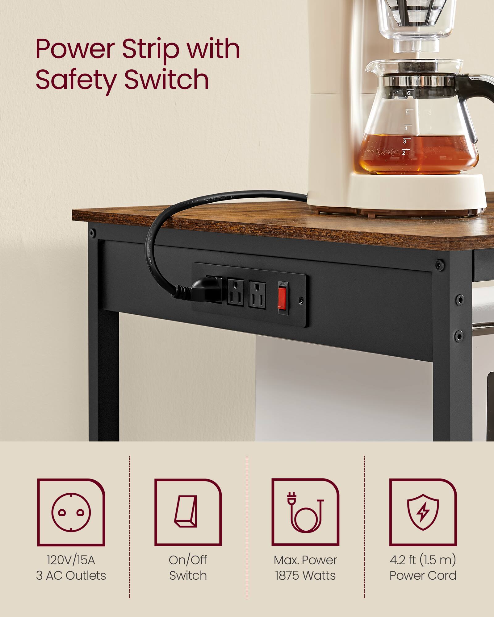 Power Strip with Safety Switch

- 120V/15A
- 3 AC Outlets
- On/Off Switch
- Max. Power 1875 Watts
- 4.2 ft (1.5 m) Power Cord
