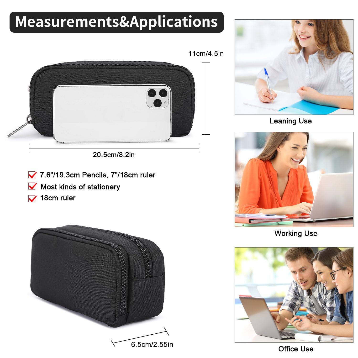 Measurements & Applications

- 20.5cm/8.2in
- 11cm/4.5in
- 6.5cm/2.55in

7.6"/19.3cm Pencils, 7"/18cm ruler
Most kinds of stationery
18cm ruler

Leaning Use
Working Use
Office Use