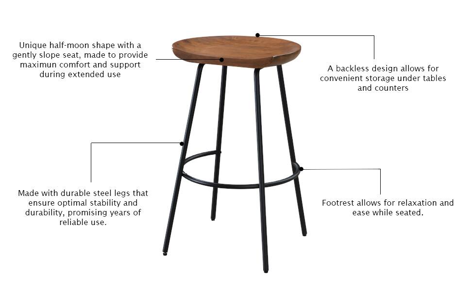 Unique half-moon shape with a gently sloped seat, made to provide maximum comfort and support during extended use. A backless design allows for convenient storage under tables and counters. Made with durable steel legs that ensure optimal stability and durability, promising years of reliable use. Footrest allows for relaxation and ease while seated.