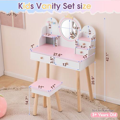 Kids Vanity Set size  
7" 8.3" 12.8" 5.9" 7.3" 9.4" 3.7" 2.9" 4.7" 2.8" 6.4" 5.7" 27.6" 13" 3.5" 13" 42.1" 14.7" 11" 11" 20.9"  
Suit for Kids Ages 3+ Years Old