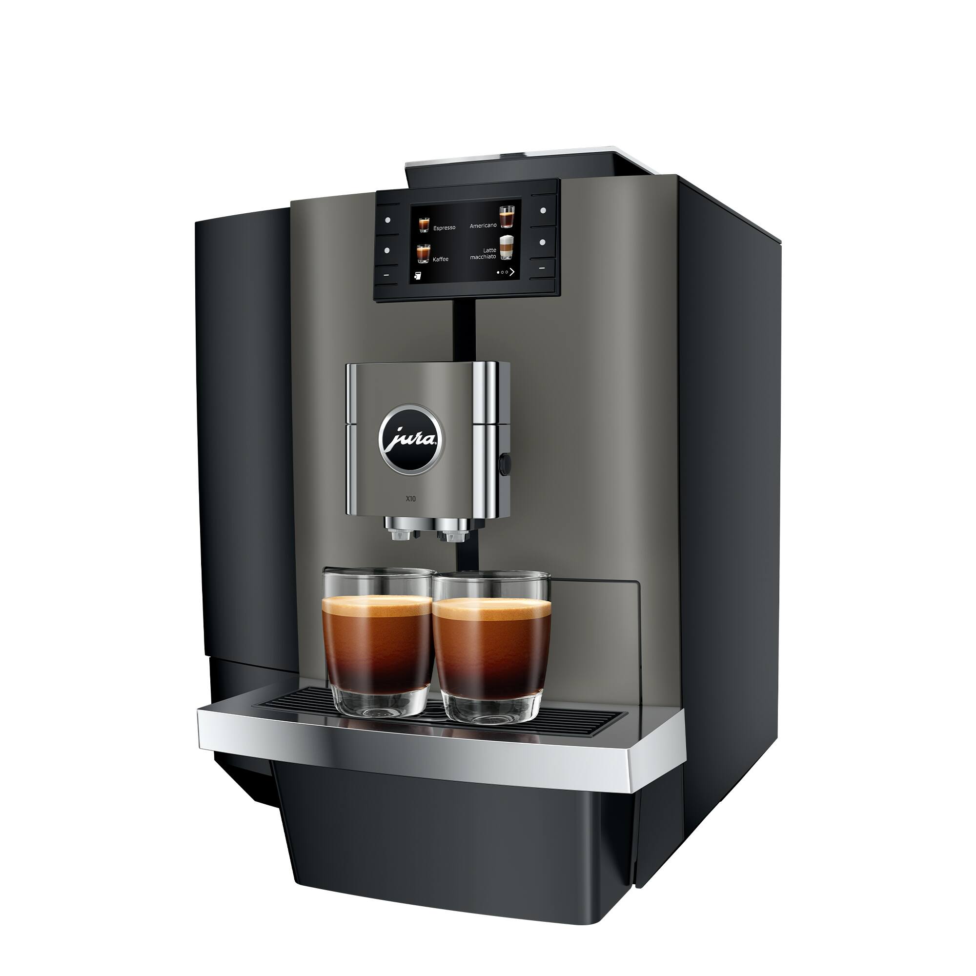 Jura is a brand of coffee machines that are known for their high-quality and advanced features. In the image, there is a Jura coffee machine with two cups of coffee on top of it. The machine is designed to make hot beverages, such as coffee and hot chocolate, and it is often considered a luxury item due to its high price and sophisticated technology.
