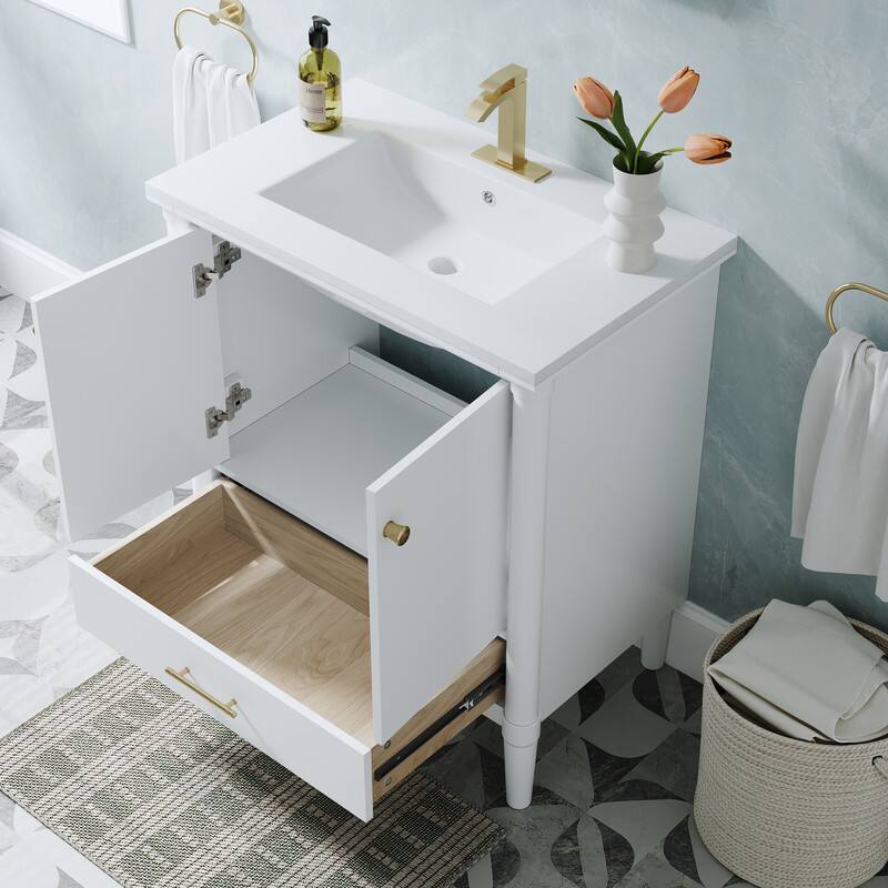 Angle. WELLFOR - 30 in Freestanding Bathroom Vanity with Single Sink，Solid Wood Bath Vanity with Soft-Close Doors & Drawer - White.