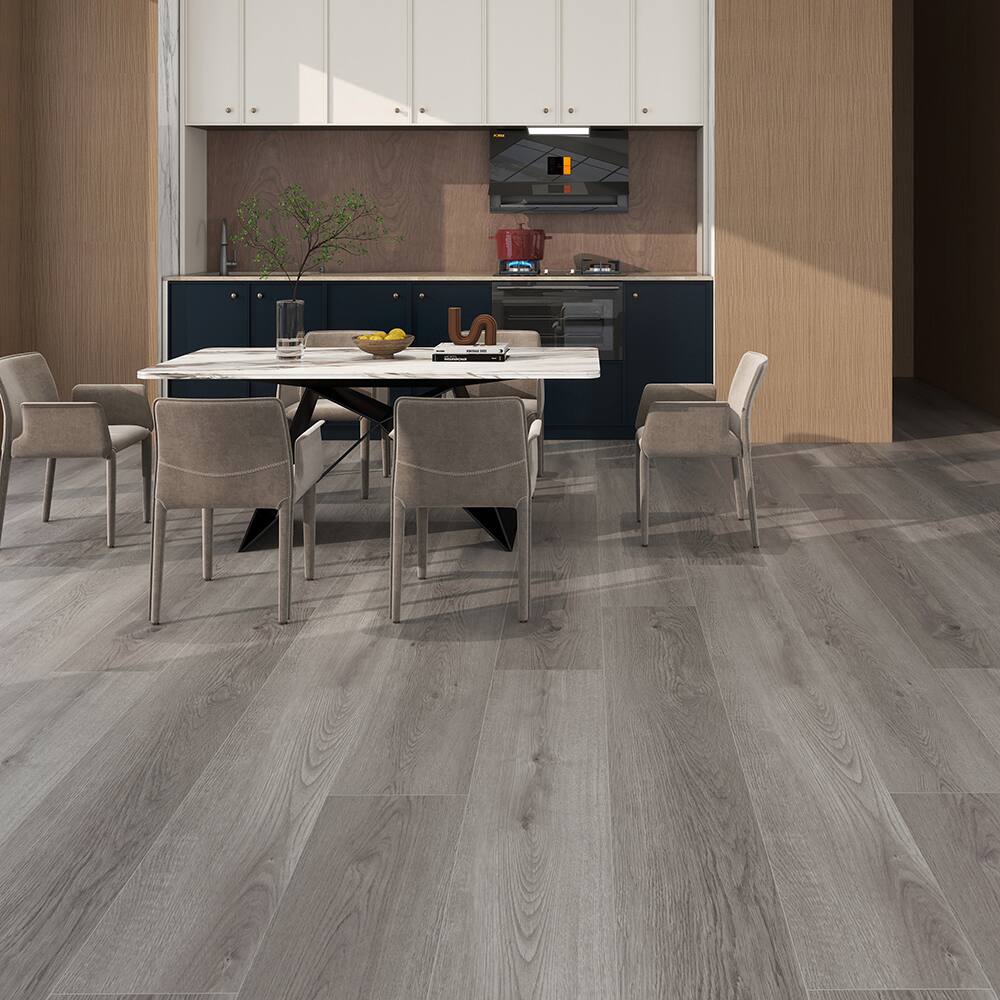 Angle. Dotfloor - 62.6"x9" SPC Composite Flooring; 5 Planks/Box (19.56 sq. ft/Box); 8mm Thick with ; 30 mil Wear Layer; - Sharp Shadow.