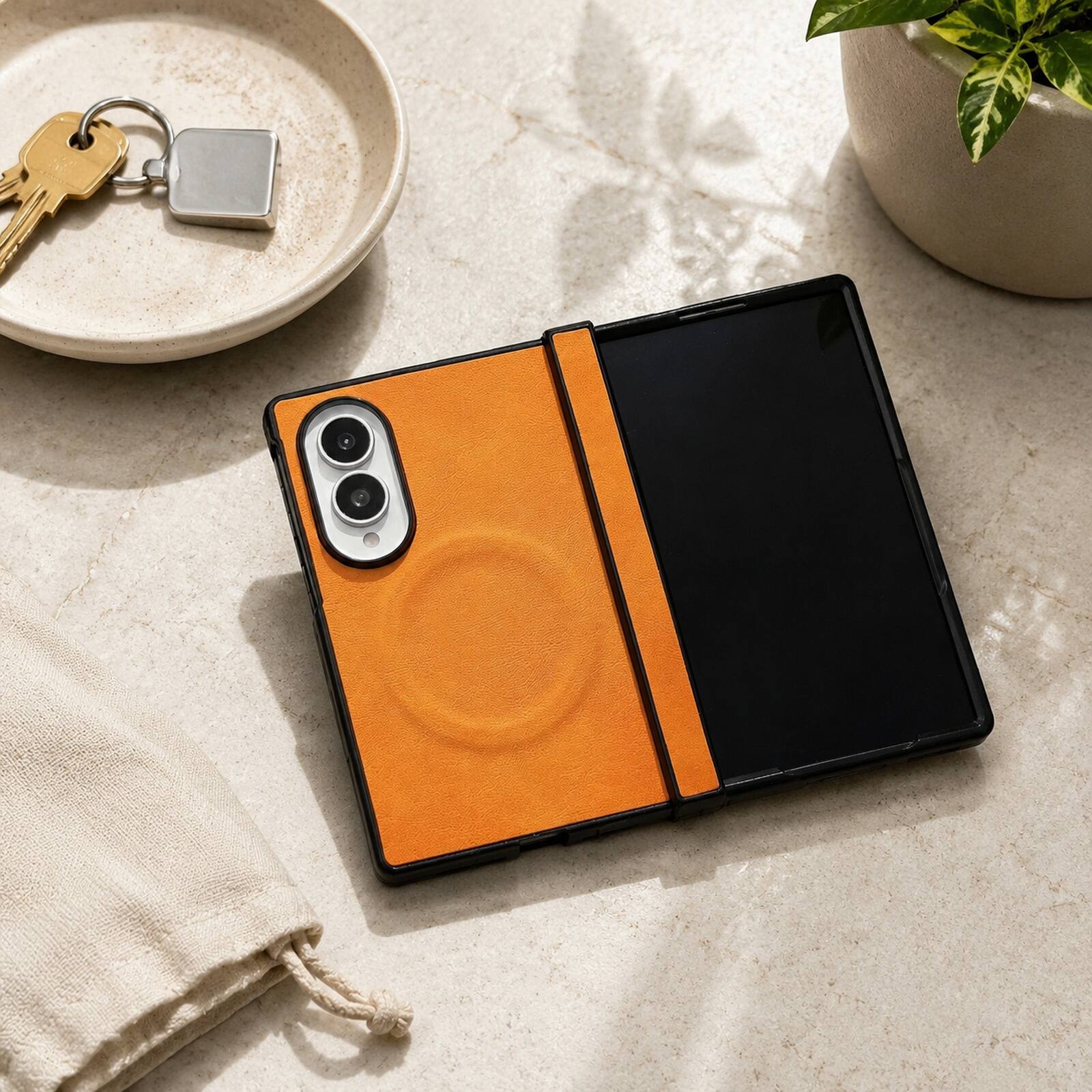 Left. Dteck - Magnetic Hinge Protection Case for Samsung Galaxy Z Fold8, Shockproof PC+TPU Wireless Charging Folio Cover - Orange.