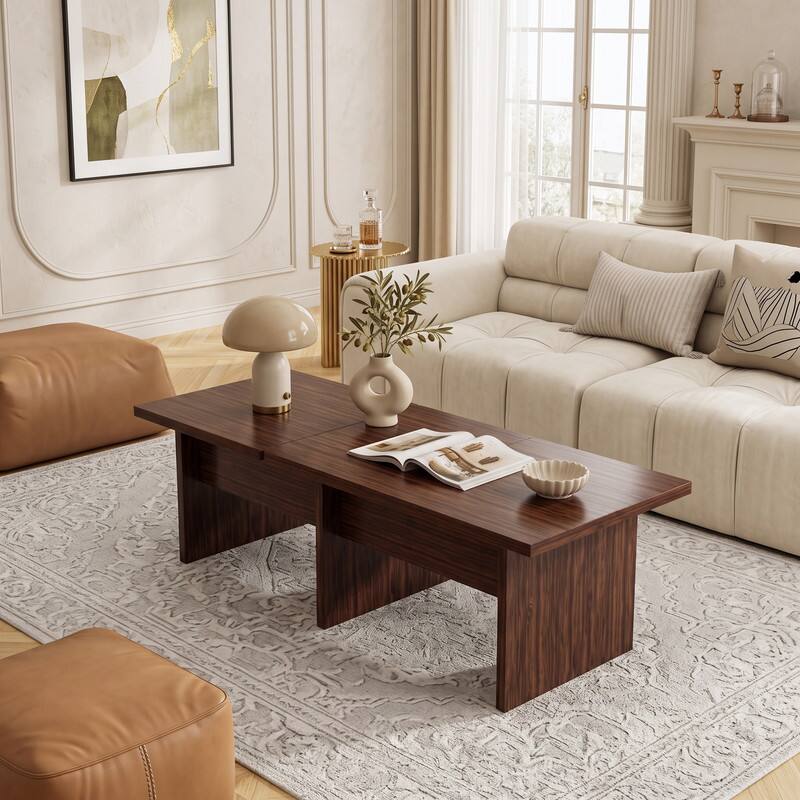 Front. WELLFOR - Modular Coffee Table Set of , Modern Design L Shaped Center Tables with Compact Side Table Option - Walnut.