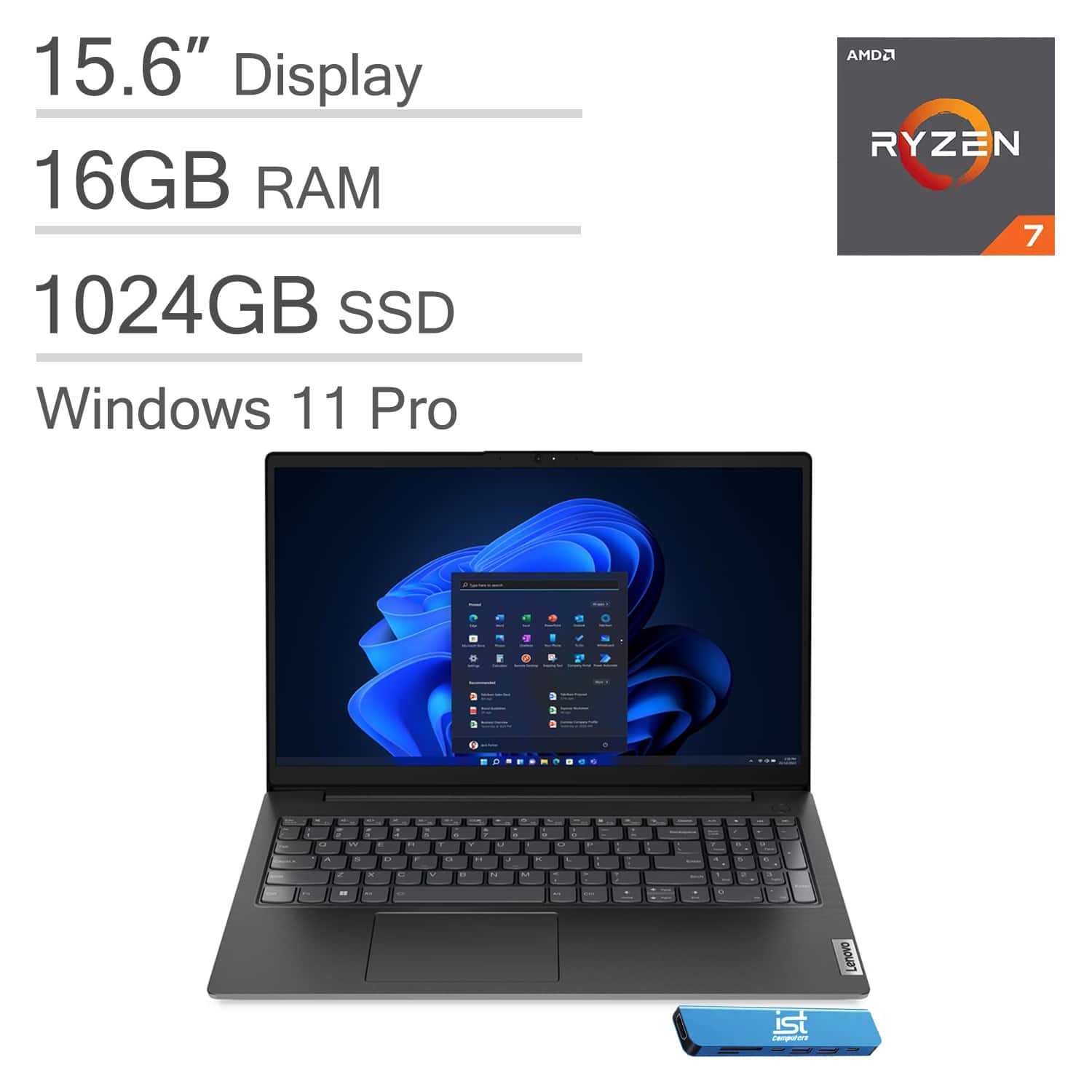 Lenovo - V15 15.6" FHD Laptop - AMD Ryzen 7 with 16GB SO-DIMM RAM - 1TB SSD - Windows 11Pro - Black