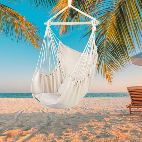 Alt View 3. Winado - Hammock Chair Hanging Rope Swing, Macrame Hammock Swing Seat with 2 Cushions, Portable Steel Spreader Bar for In/Outdoor - Beige.