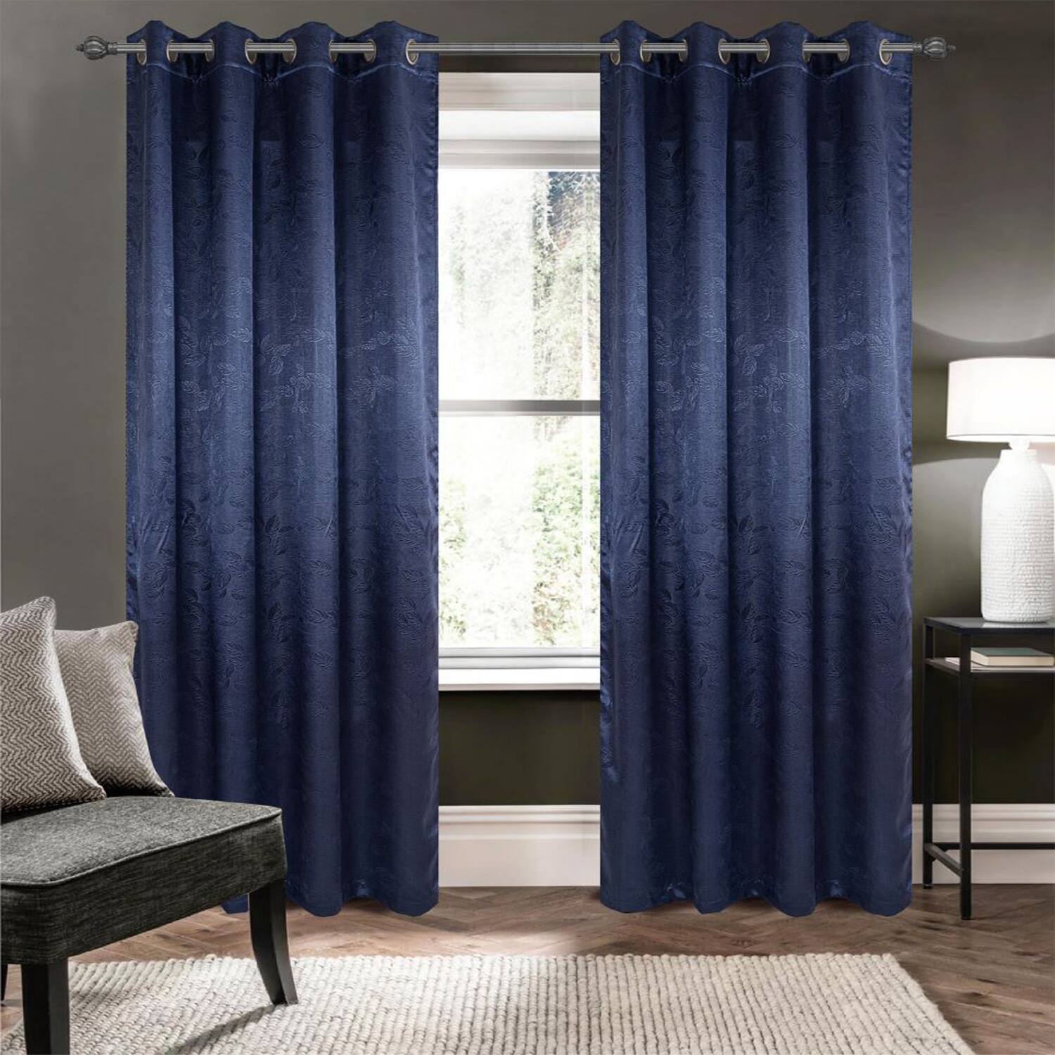 Angle. Olivia Gray - Olivia Gray 100% Polyester 200 GSM Arlo Embossed Blackout Grommet Curtain Panel 54" x 90" Navy - Navy.