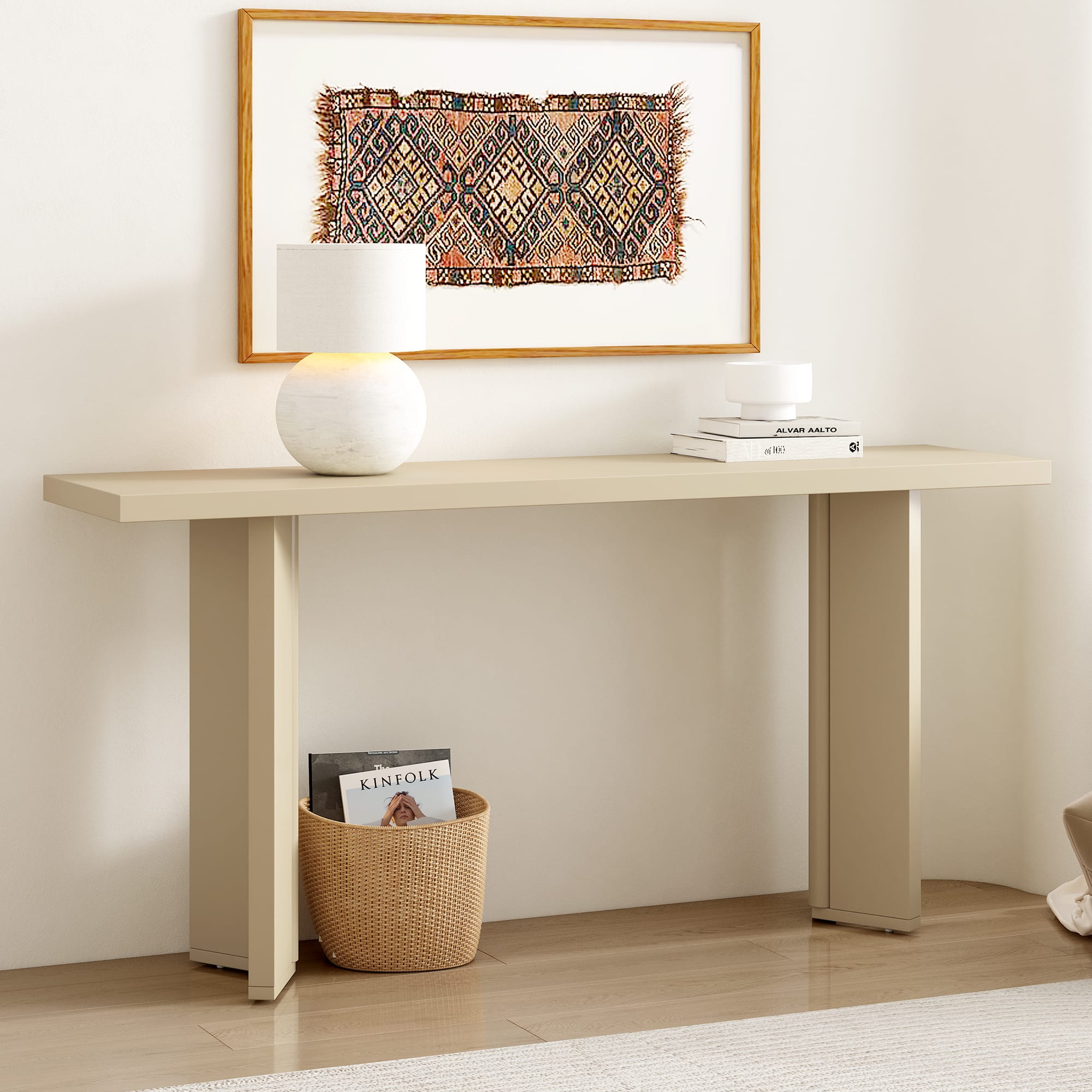 TinyHomie - Stylish Console Table with Pine Veneer and Geometric Legs Suitable for Living Room Study and Dining Room - Beige
