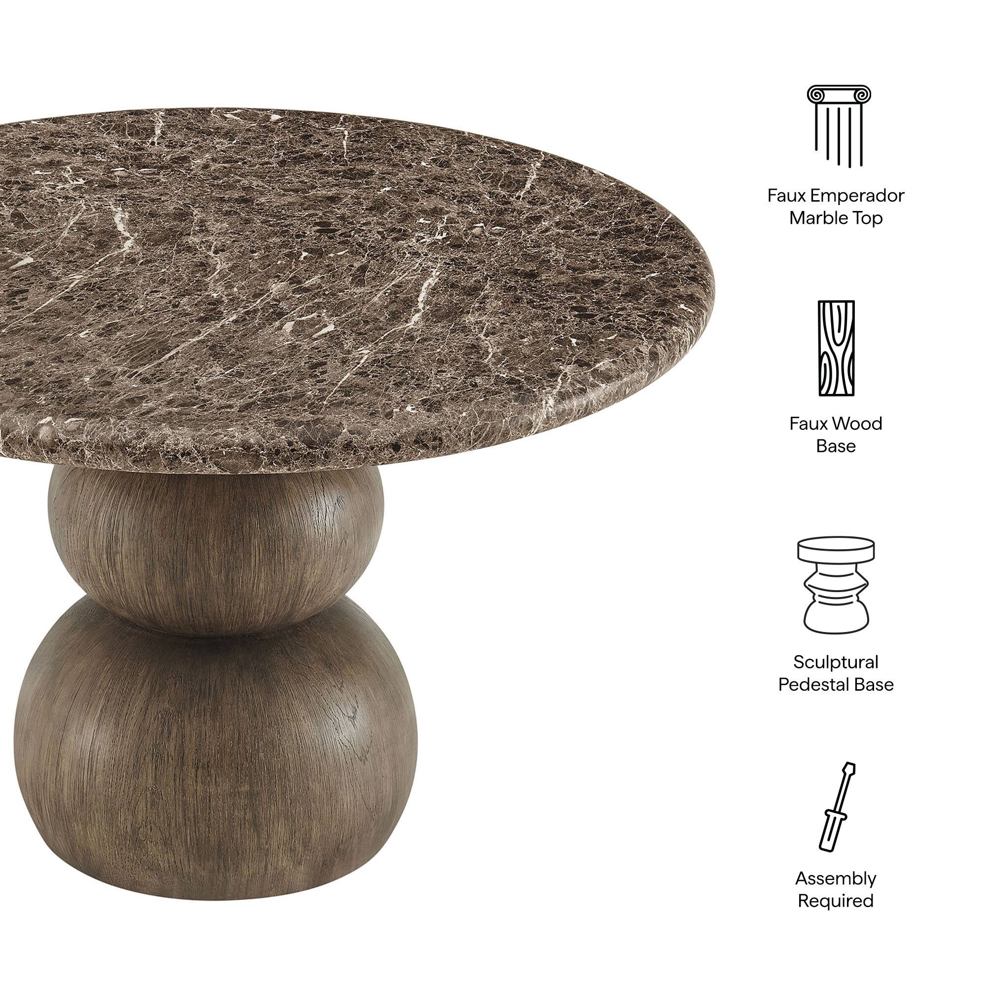 Faux Emperador Marble Top  
Faux Wood Base  
Sculptural Pedestal Base  
Assembly Required